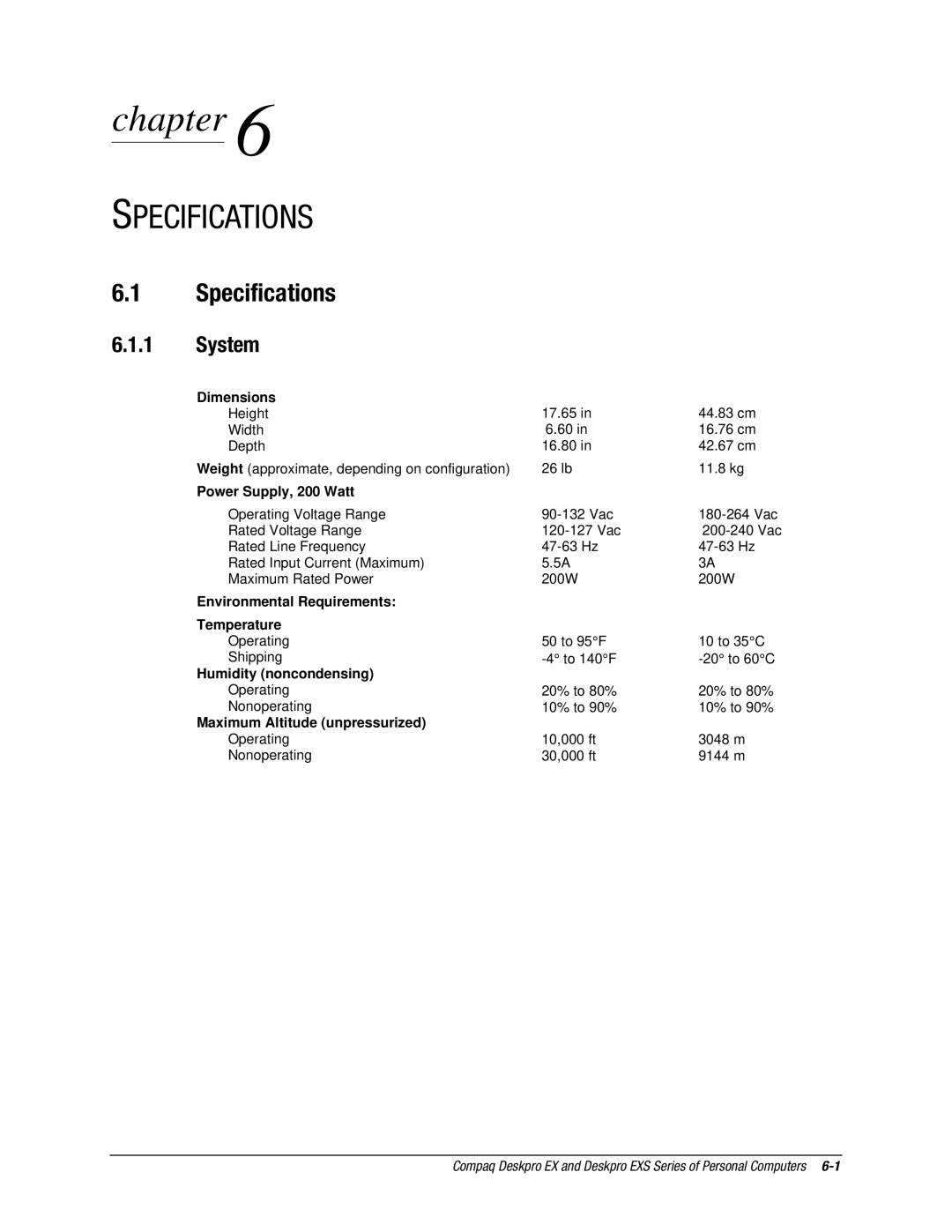 Compaq EX Series, EXS Series manual Specifications, System 