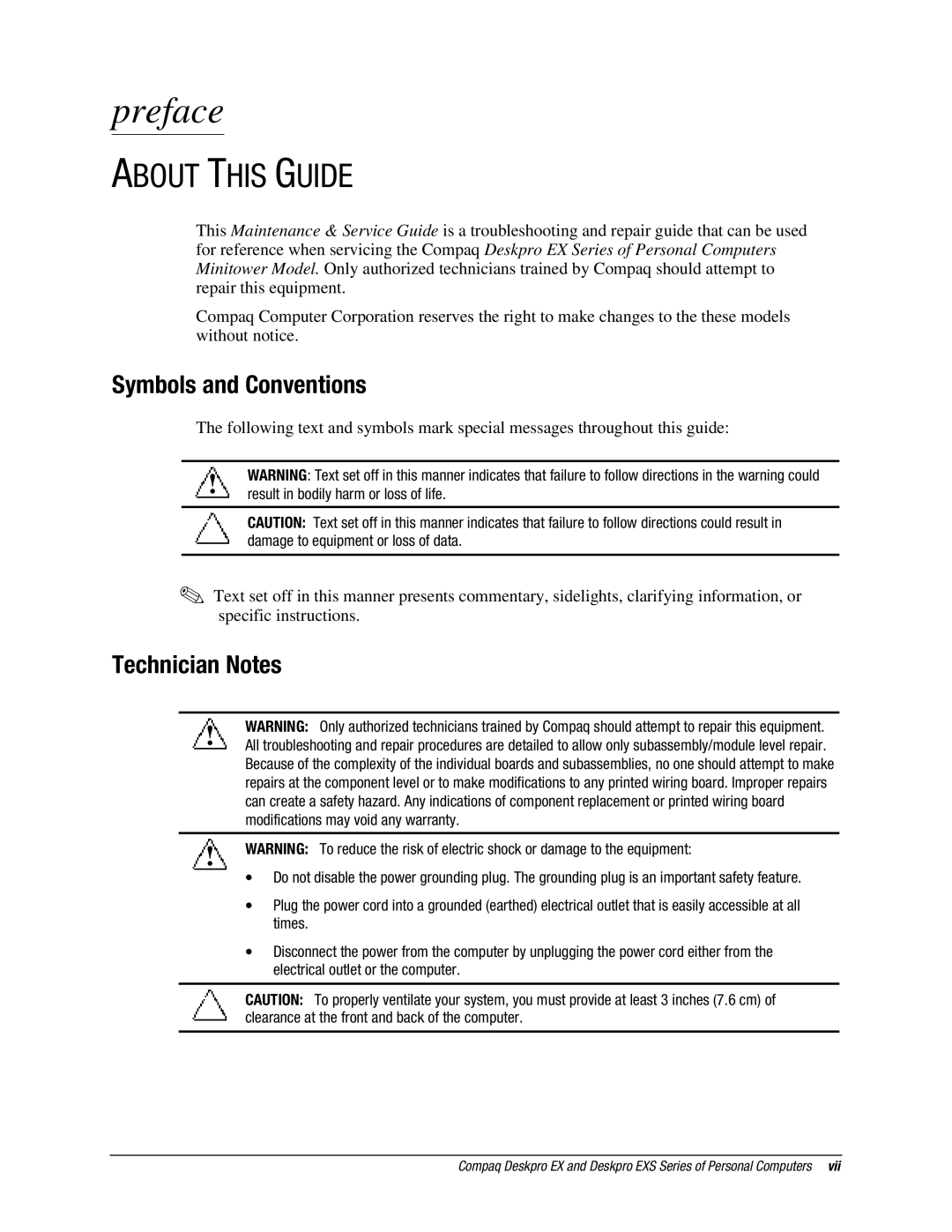 Compaq EX Series, EXS Series manual About this Guide, Symbols and Conventions, Technician Notes 