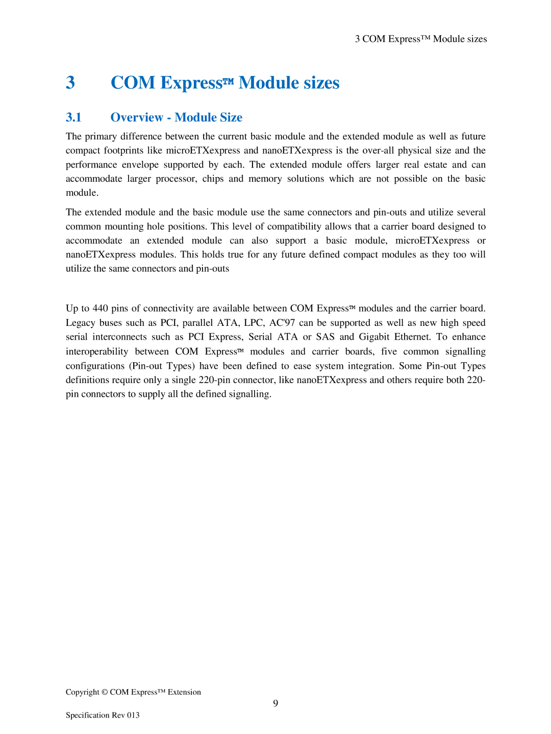 Compaq Extension manual COM Express Module sizes, Overview Module Size 