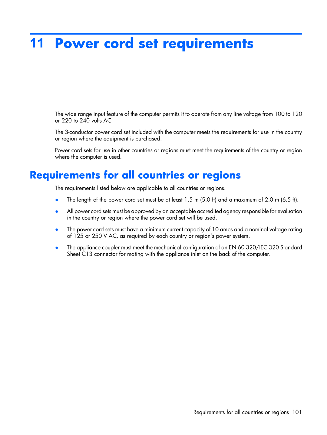 Compaq F500 manual Power cord set requirements, Requirements for all countries or regions 