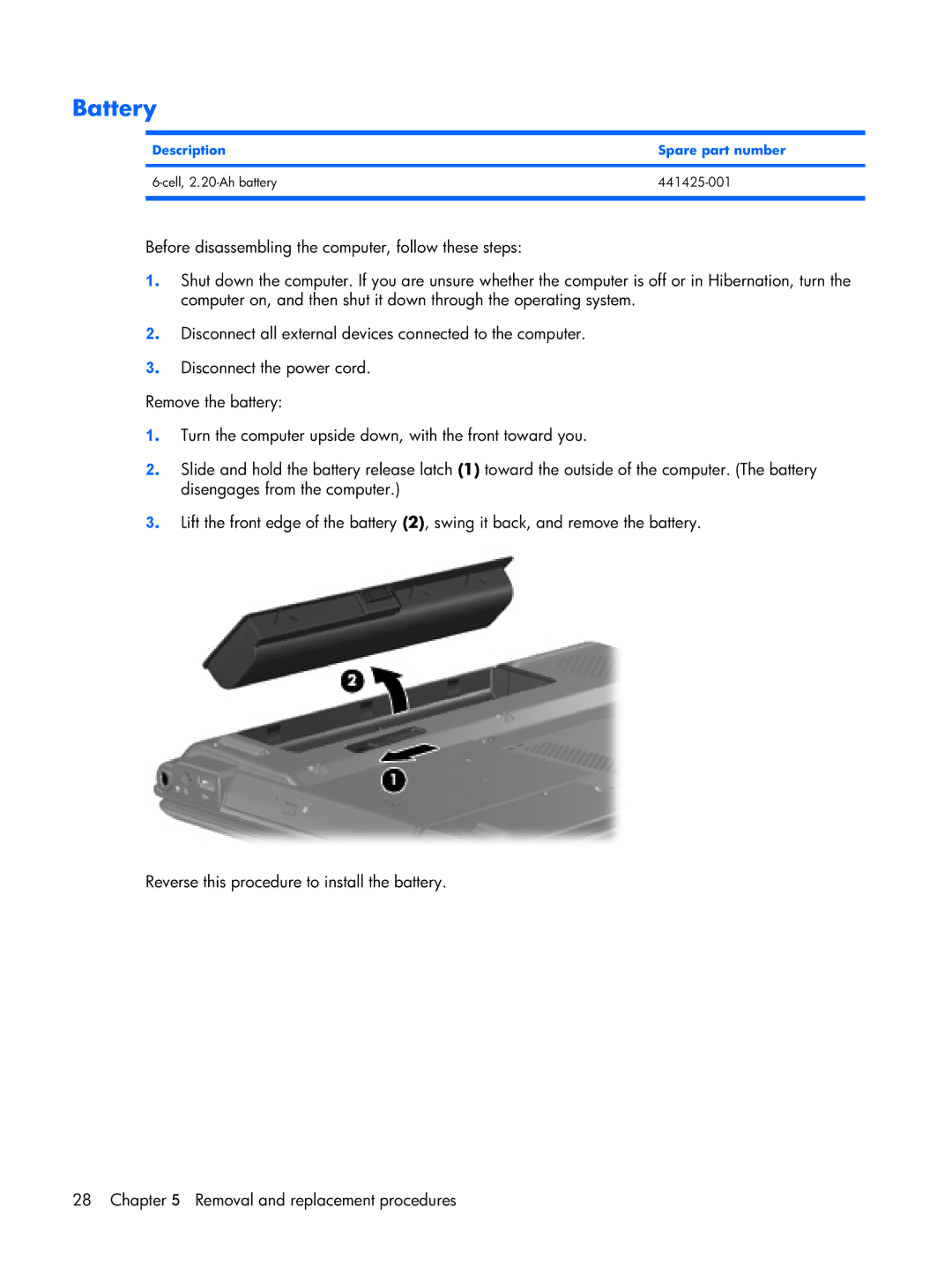 Compaq F500 manual Battery, Description Spare part number 