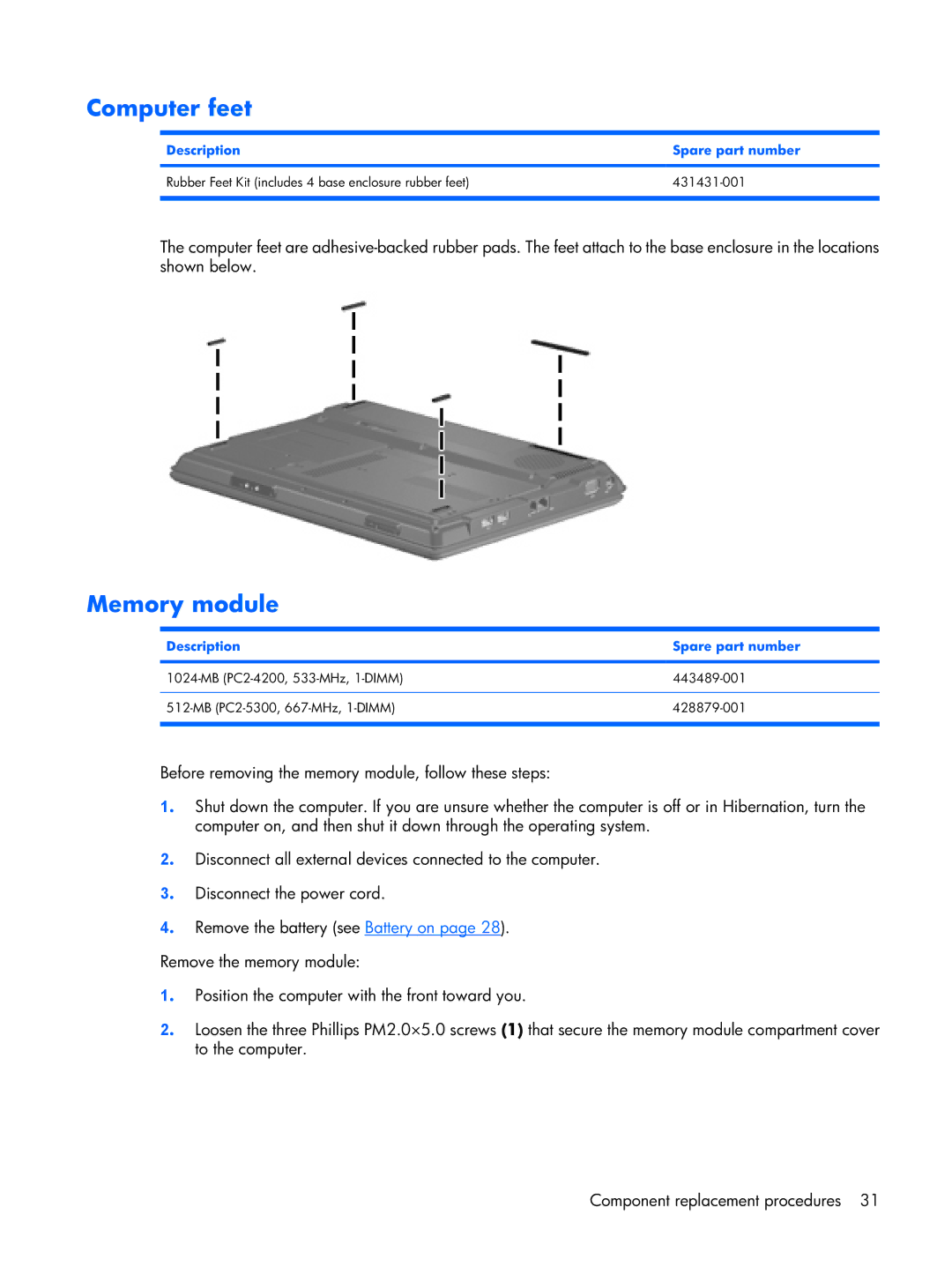 Compaq F500 manual Computer feet, Memory module 