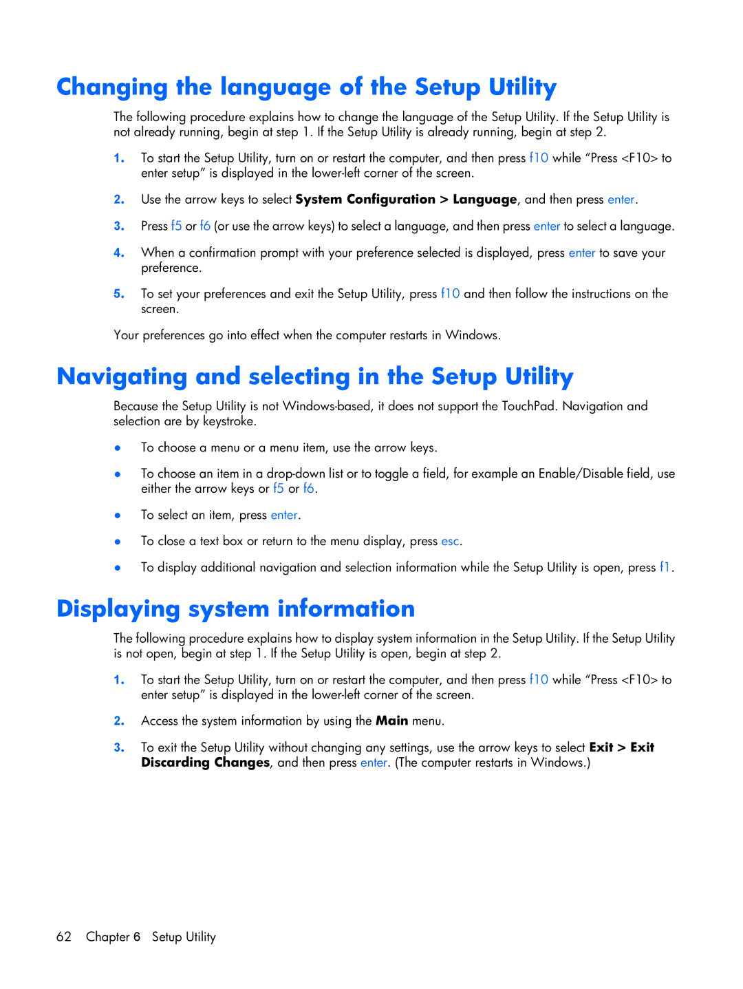 Compaq F500 manual Changing the language of the Setup Utility, Navigating and selecting in the Setup Utility 