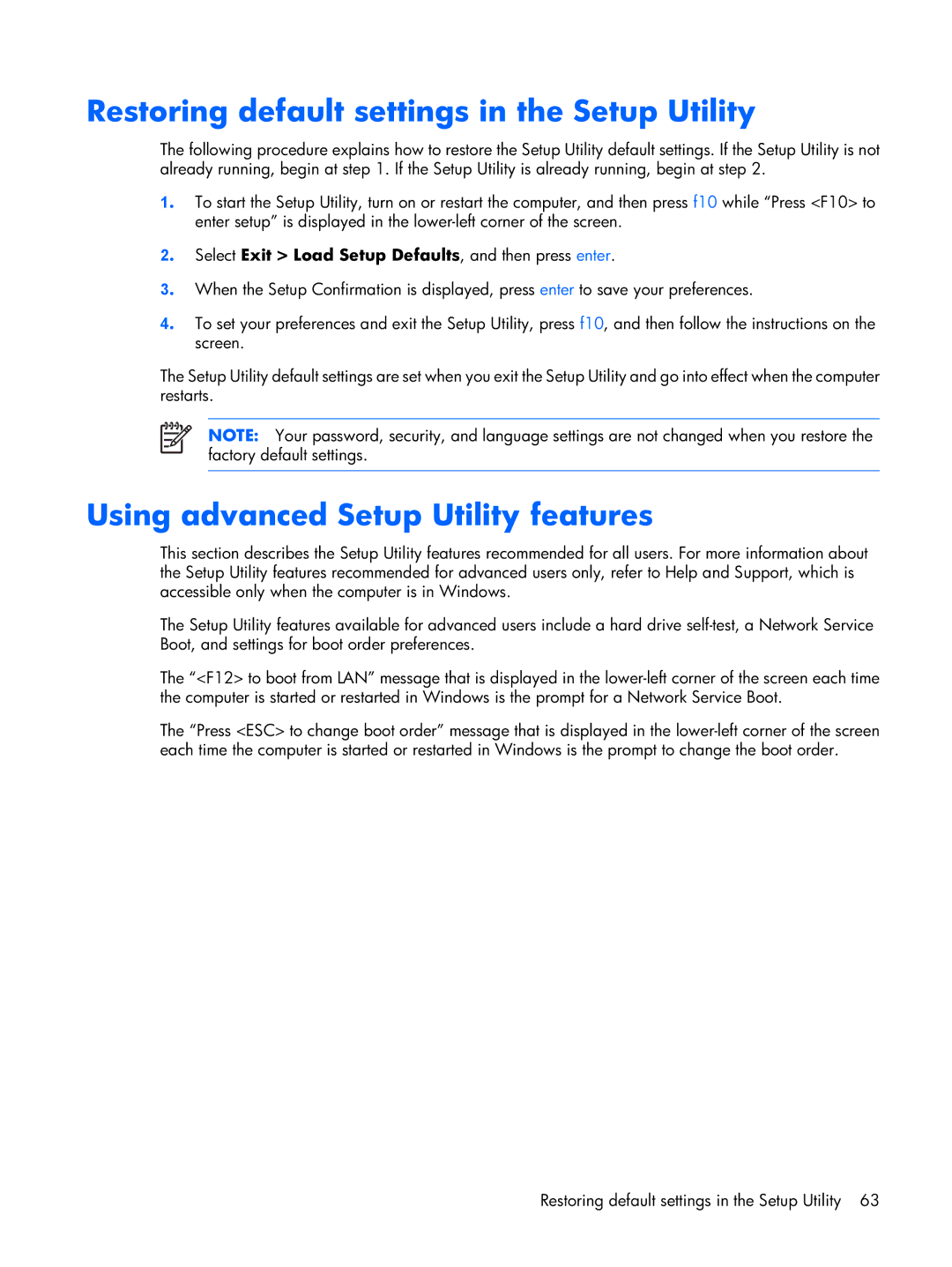 Compaq F500 manual Restoring default settings in the Setup Utility, Using advanced Setup Utility features 