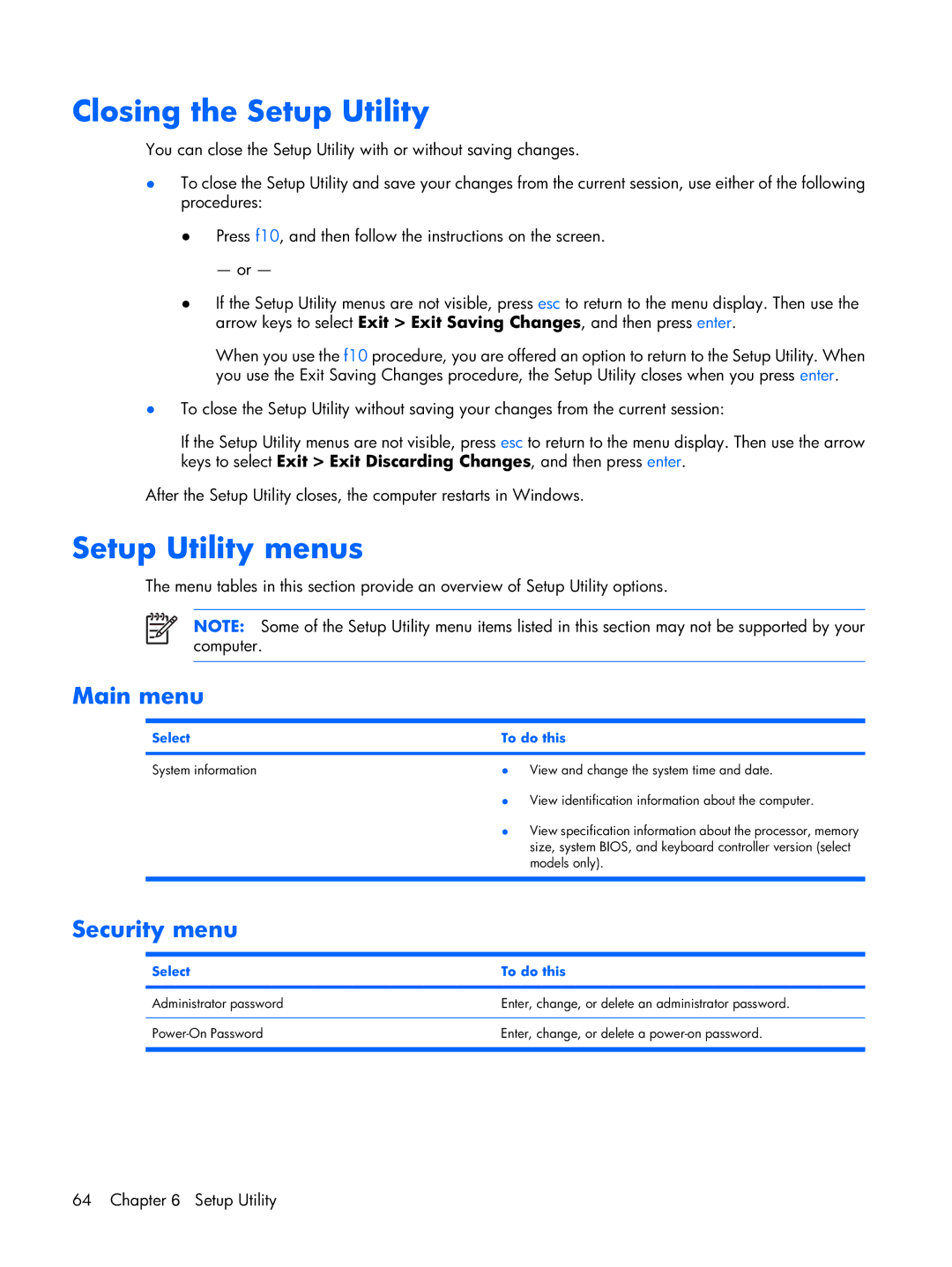 Compaq F500 manual Closing the Setup Utility, Setup Utility menus, Main menu, Security menu, Select To do this 