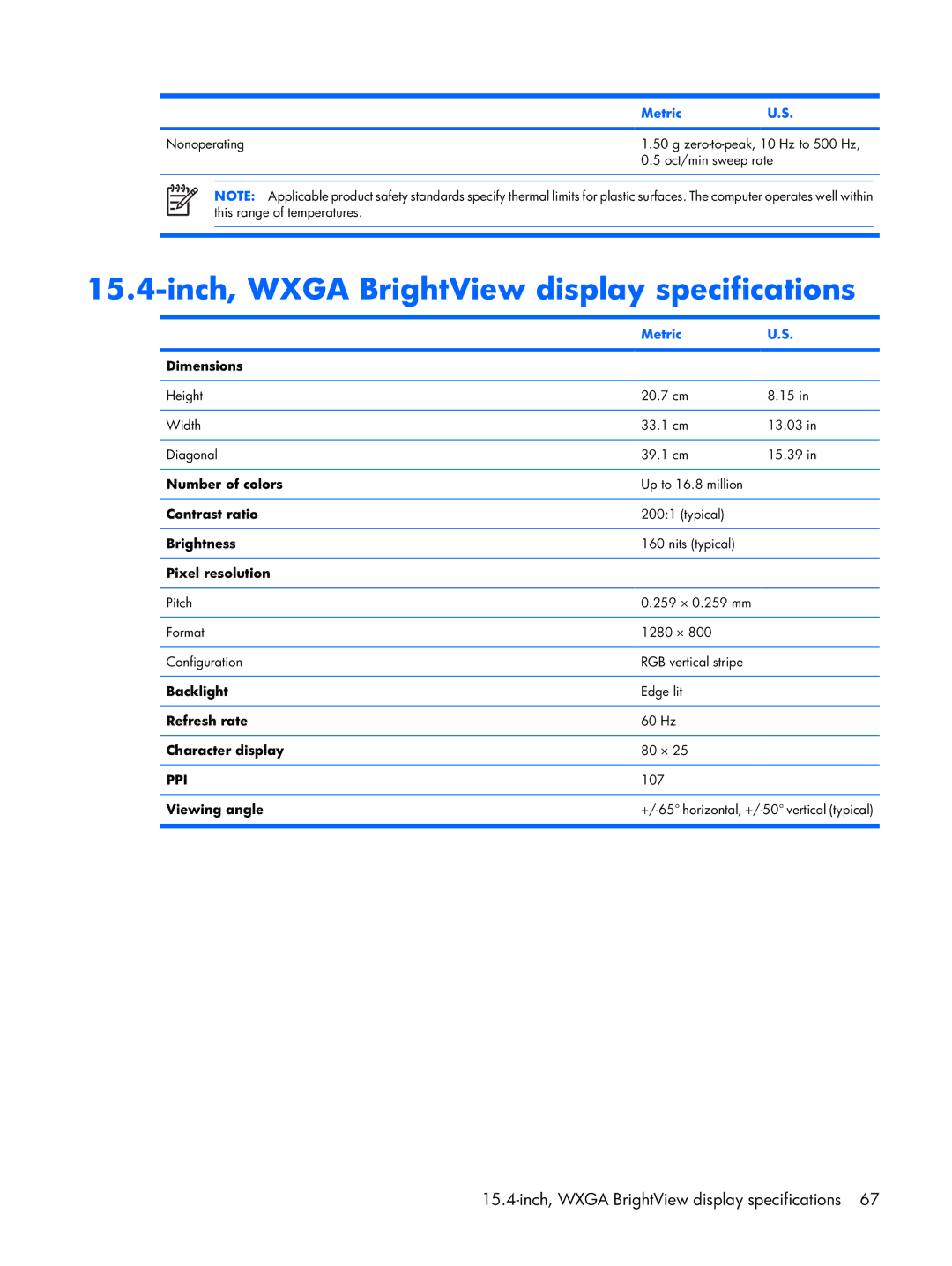 Compaq F500 manual Inch, Wxga BrightView display specifications 