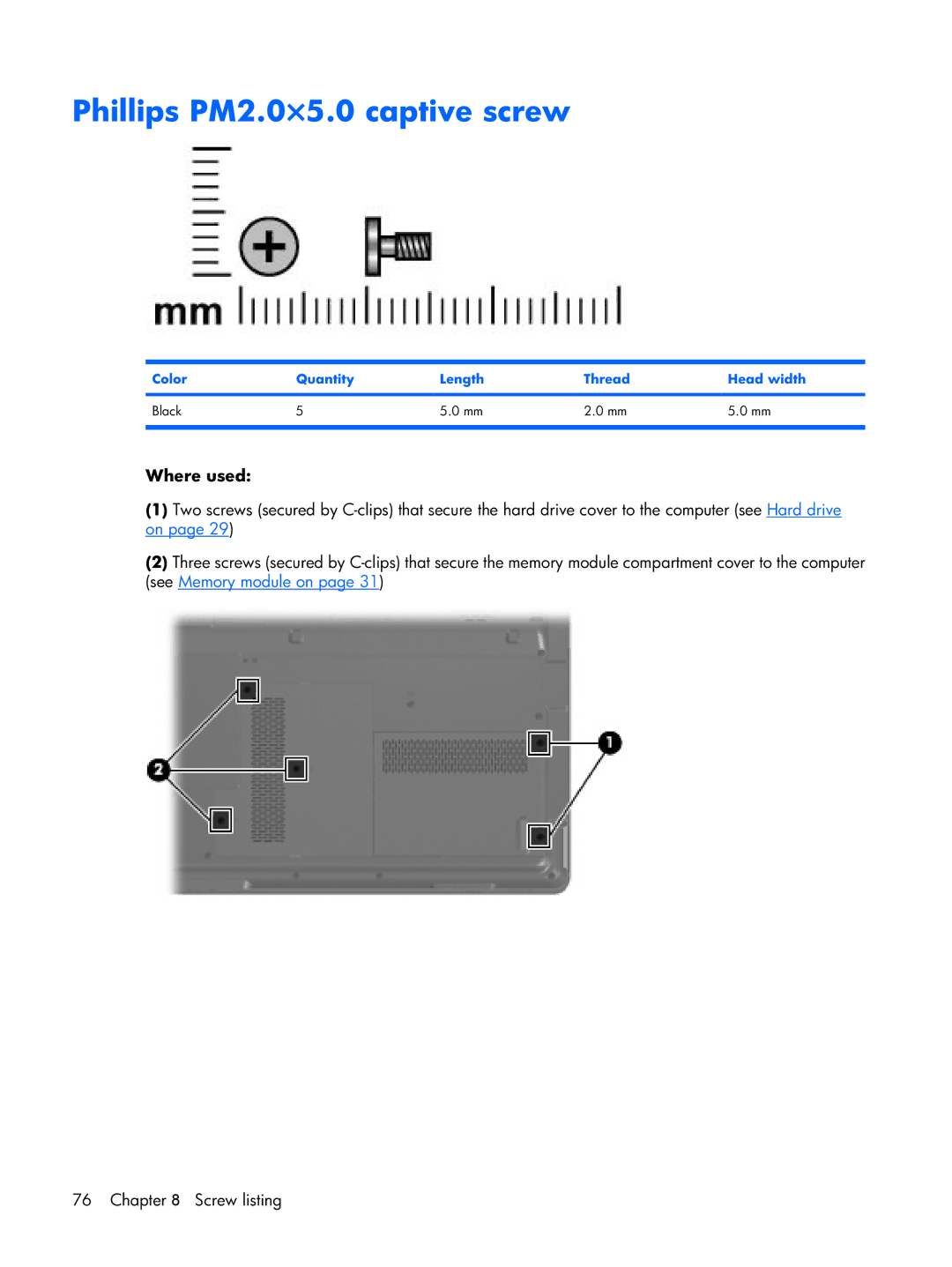 Compaq F500 manual Phillips PM2.0×5.0 captive screw, Color Quantity Length Thread Head width Black 