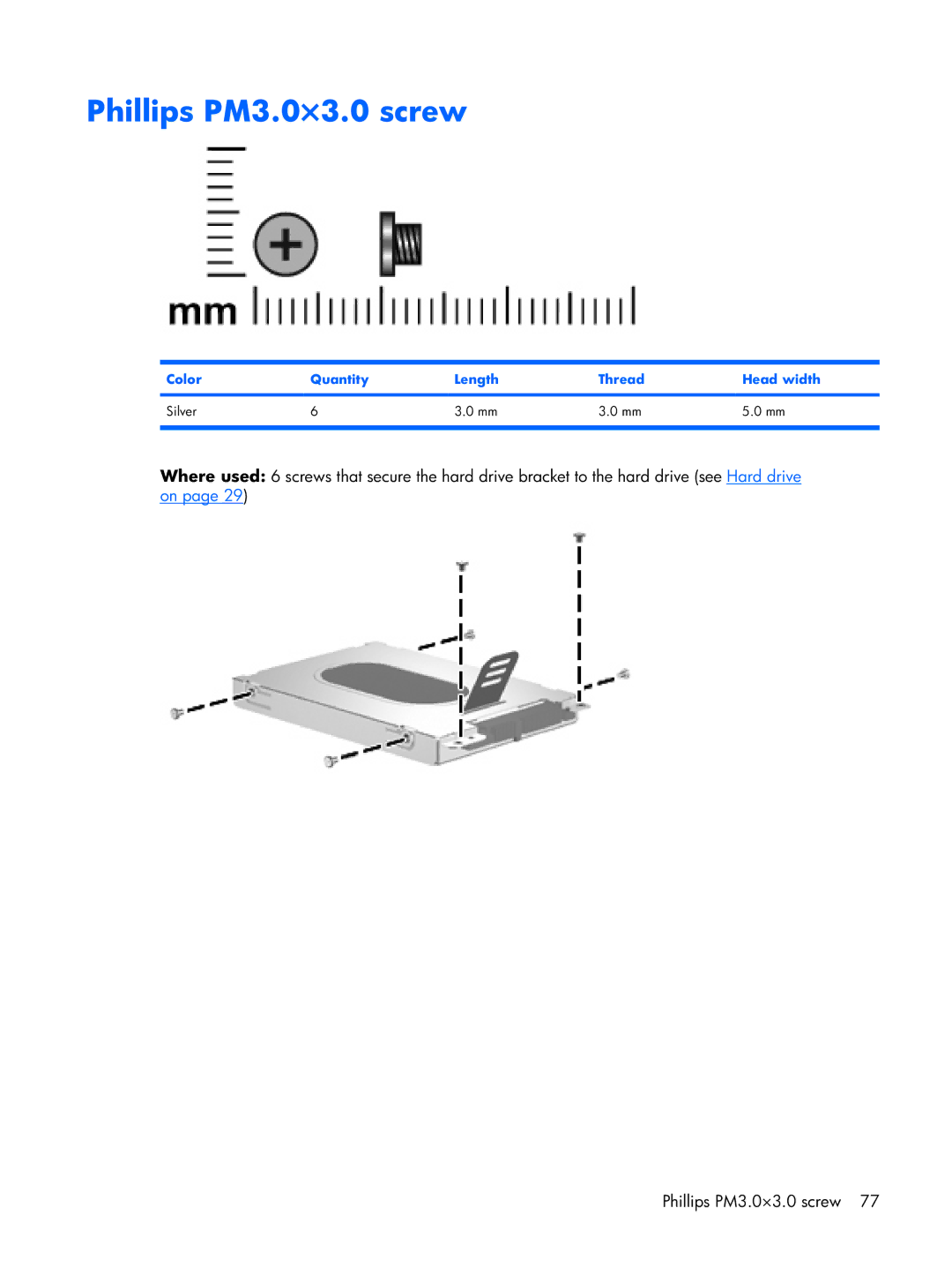 Compaq F500 manual Phillips PM3.0×3.0 screw, Color Quantity Length Thread Head width Silver 