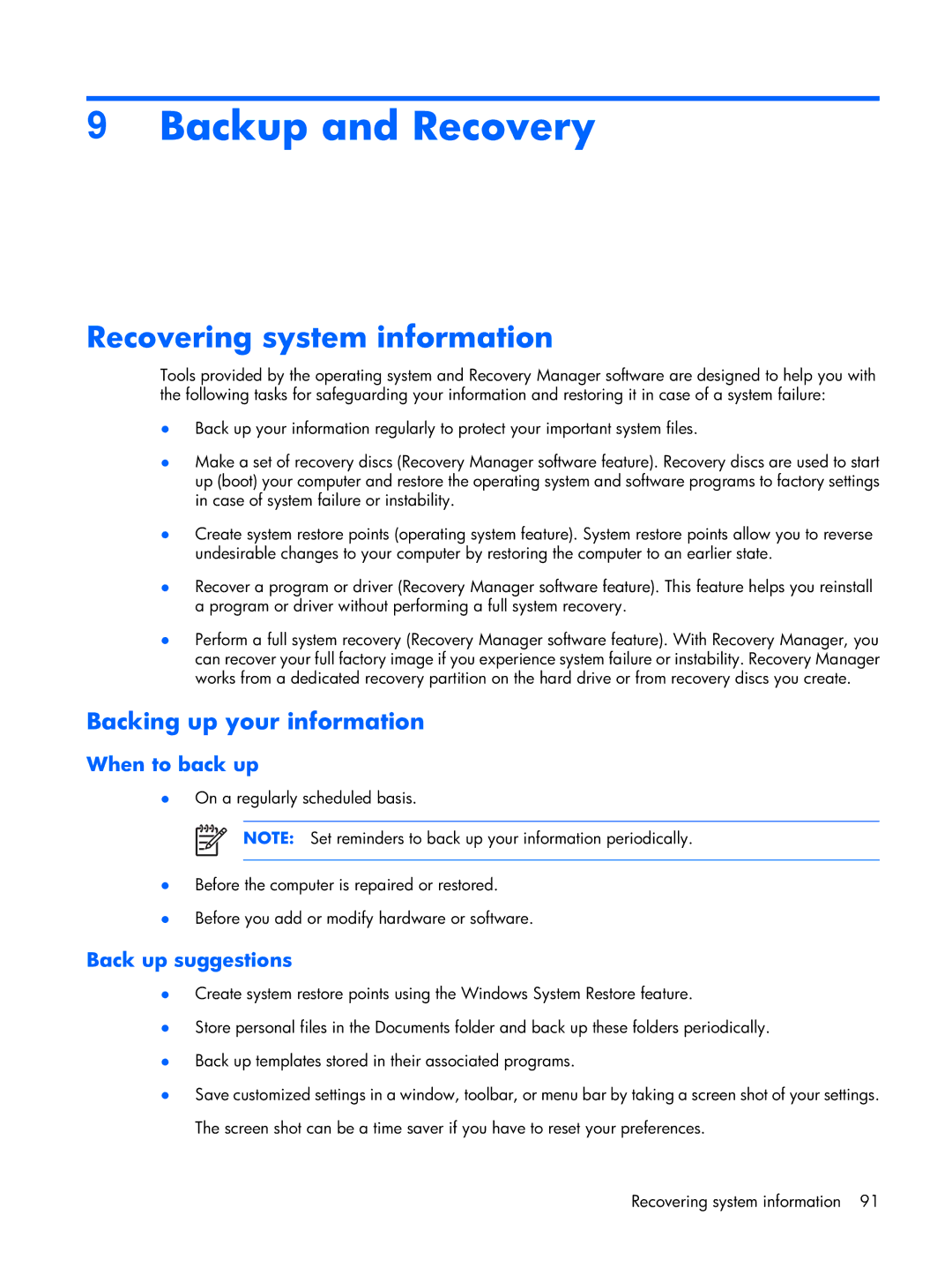 Compaq F500 manual Backup and Recovery, Recovering system information, Backing up your information 