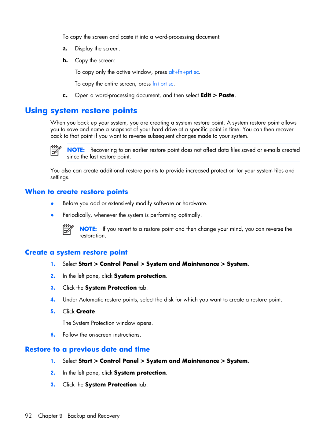 Compaq F500 manual Using system restore points, When to create restore points 