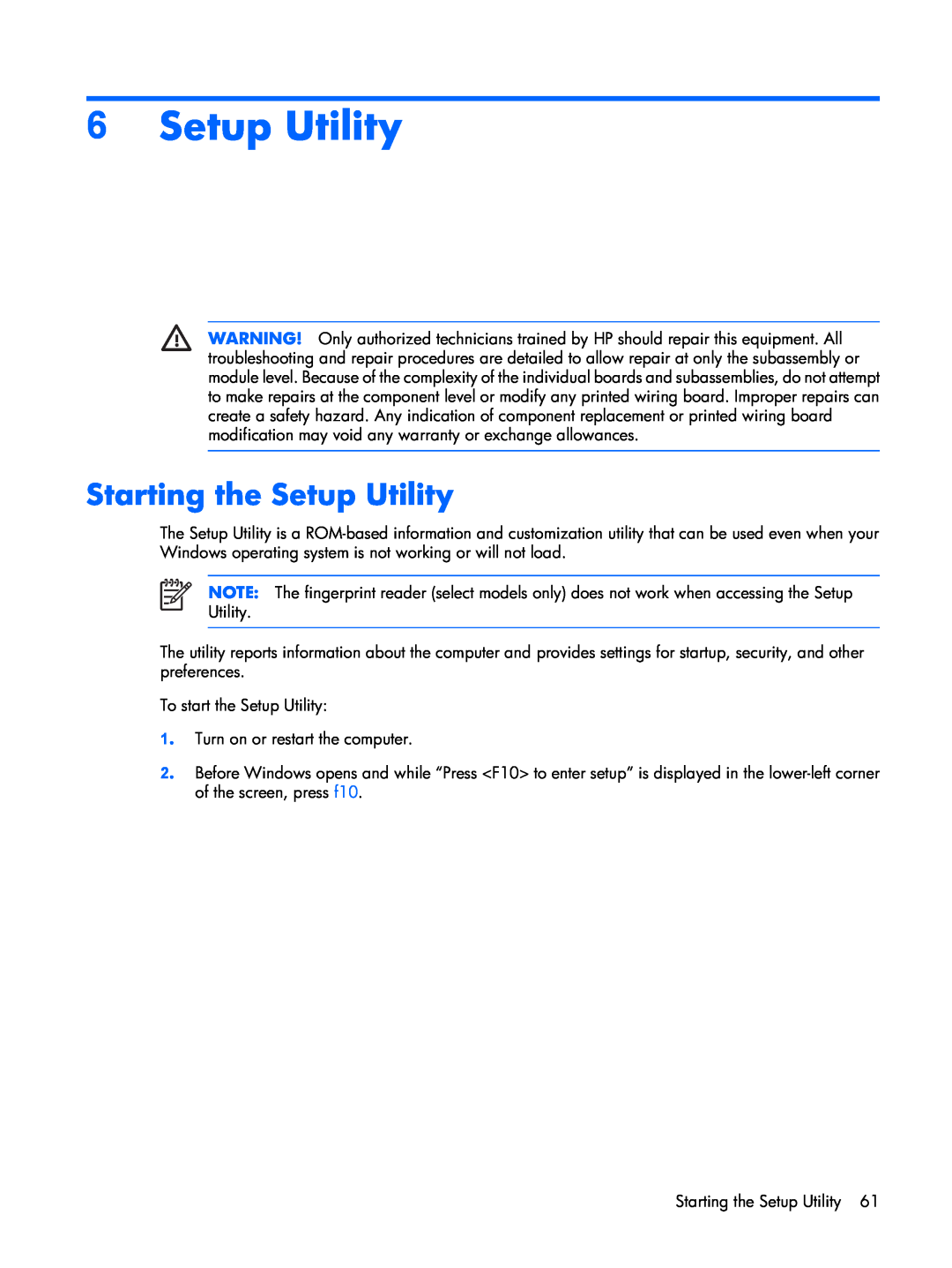 Compaq F500 manual Starting the Setup Utility 