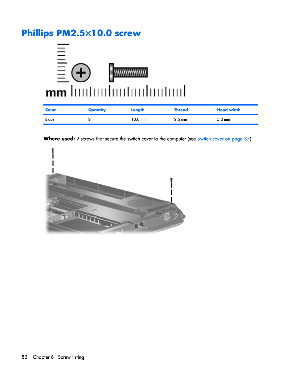 Compaq F500 manual Phillips PM2.5×10.0 screw, Color, Quantity, Length, Thread, Head width, Black, 10.0 mm, 2.5 mm, 5.0 mm 