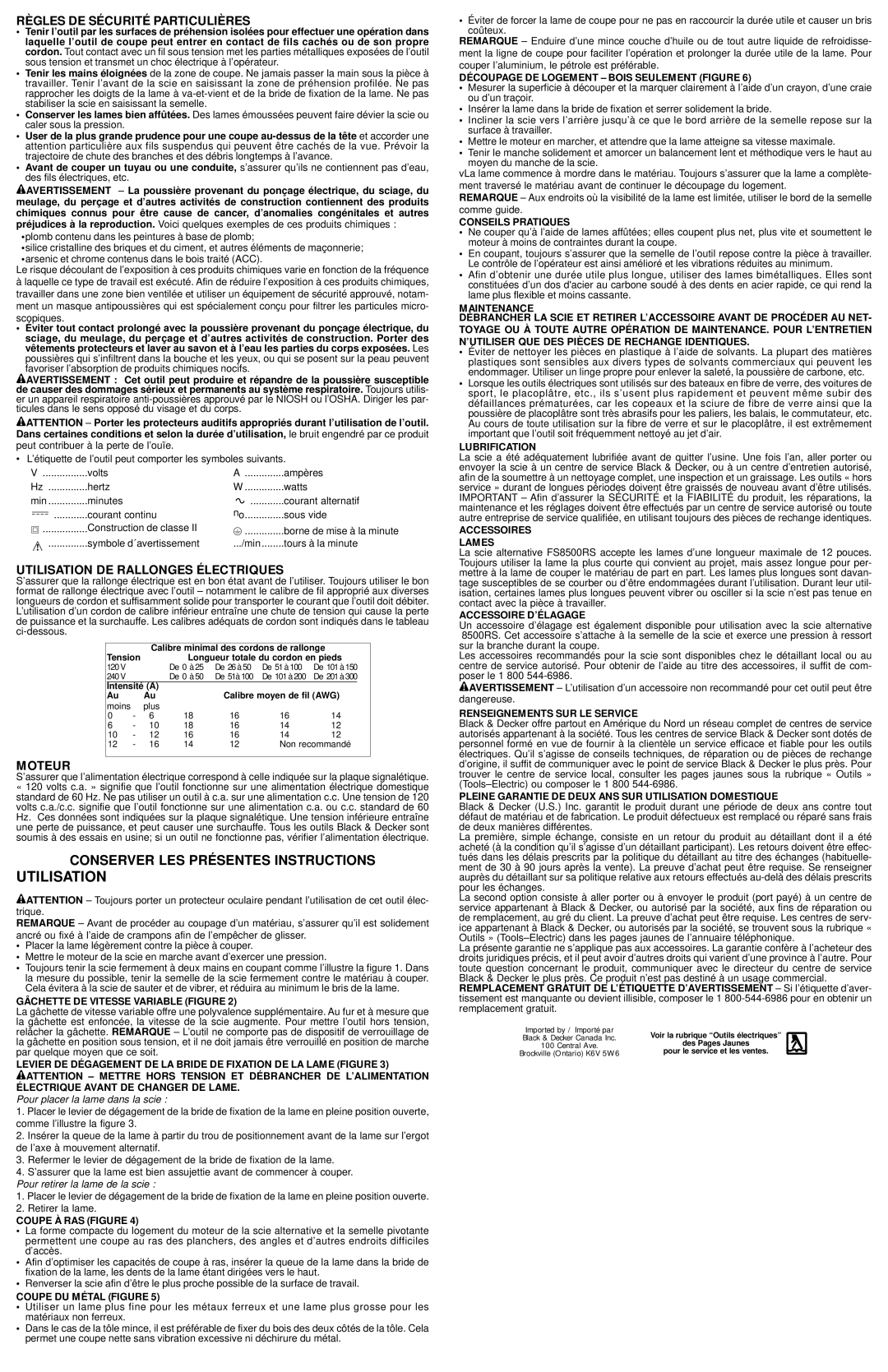 Compaq FS8500RS instruction manual Règles DE Sécurité Particulières, Utilisation DE Rallonges Électriques, Moteur 