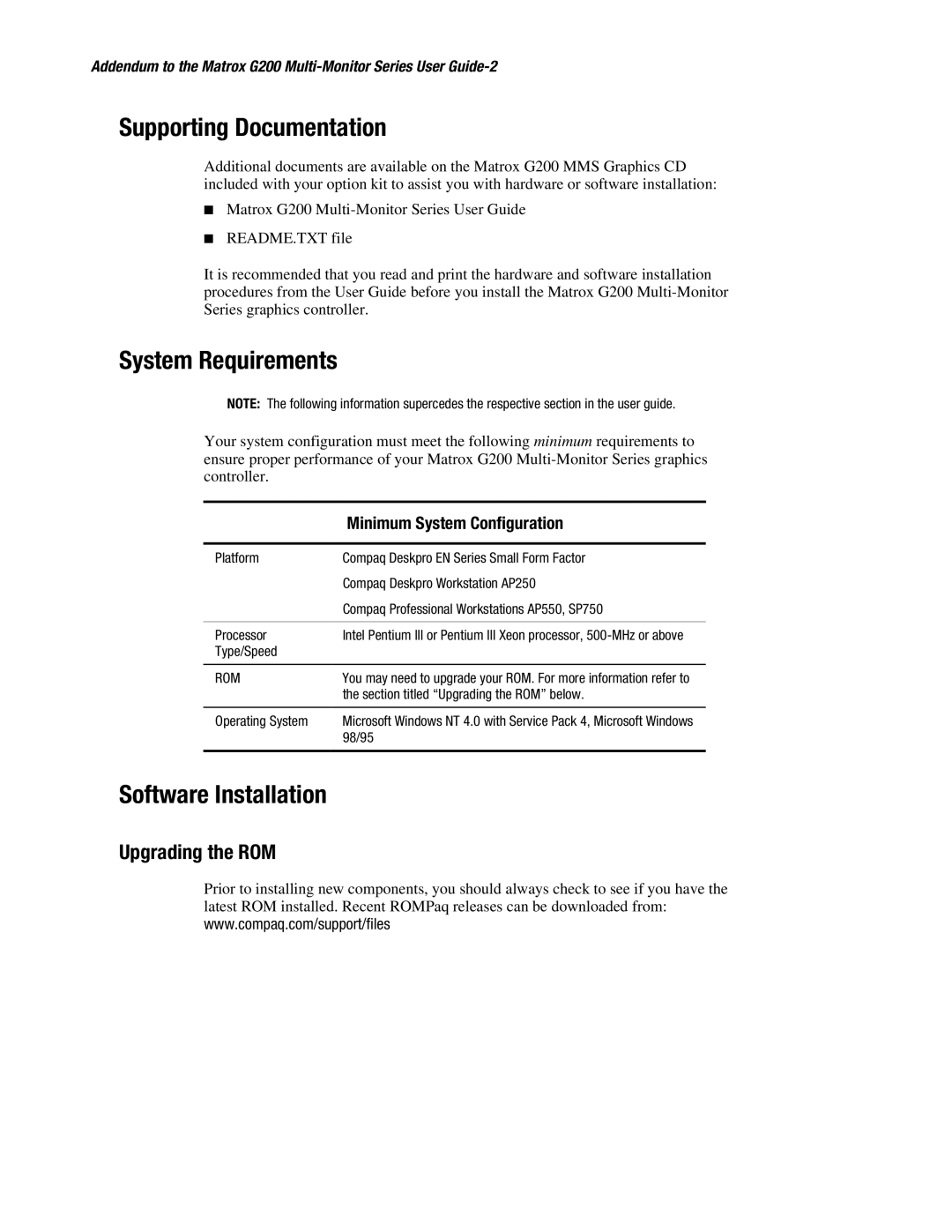 Compaq G200 warranty Supporting Documentation, System Requirements, Software Installation, Upgrading the ROM 