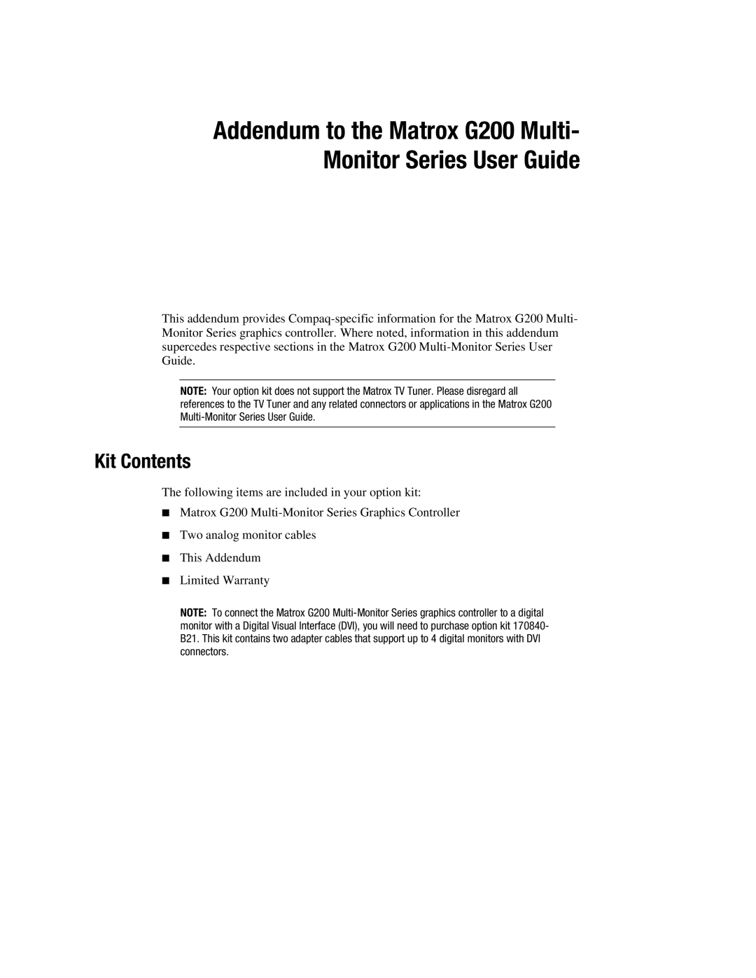 Compaq warranty Addendum to the Matrox G200 Multi- Monitor Series User Guide, Kit Contents 
