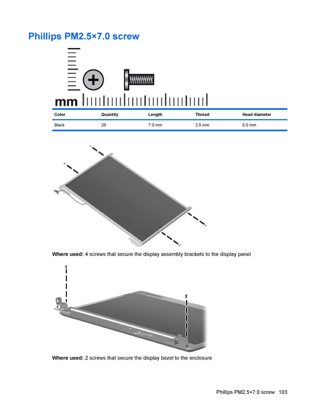 Compaq CQ71, G71 manual Phillips PM2.5×7.0 screw, Color Quantity Length Thread Head diameter Black 