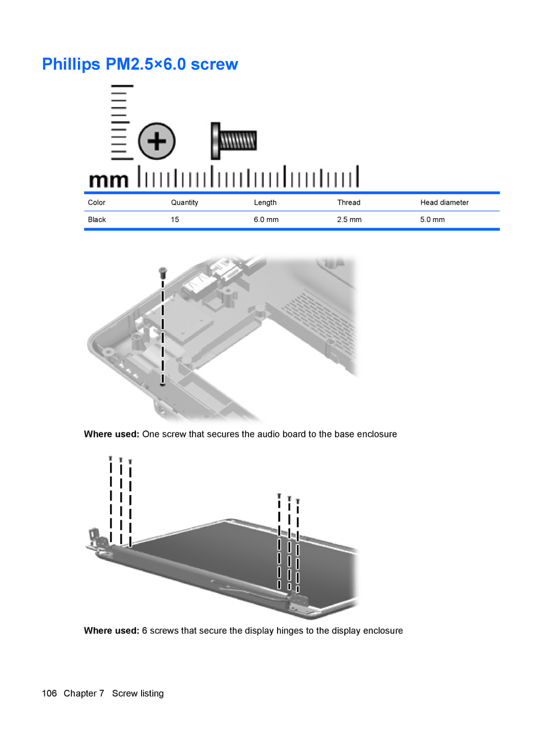 Compaq G71, CQ71 manual Phillips PM2.5×6.0 screw 