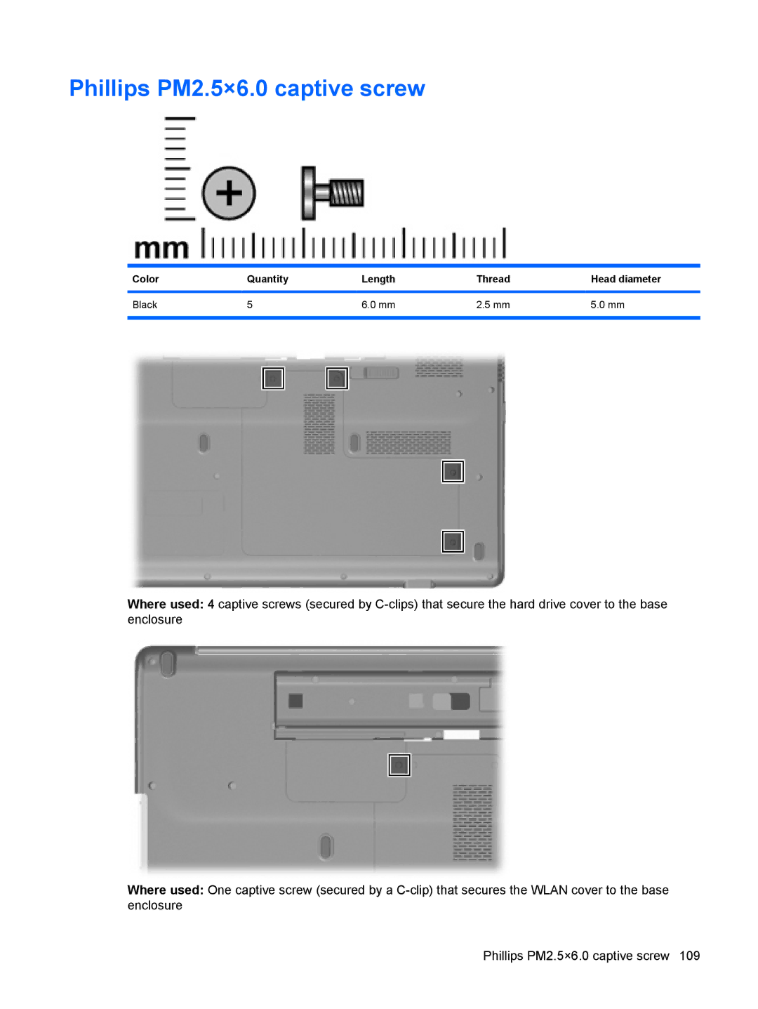 Compaq CQ71, G71 manual Phillips PM2.5×6.0 captive screw, Color Quantity Length Thread Head diameter Black 