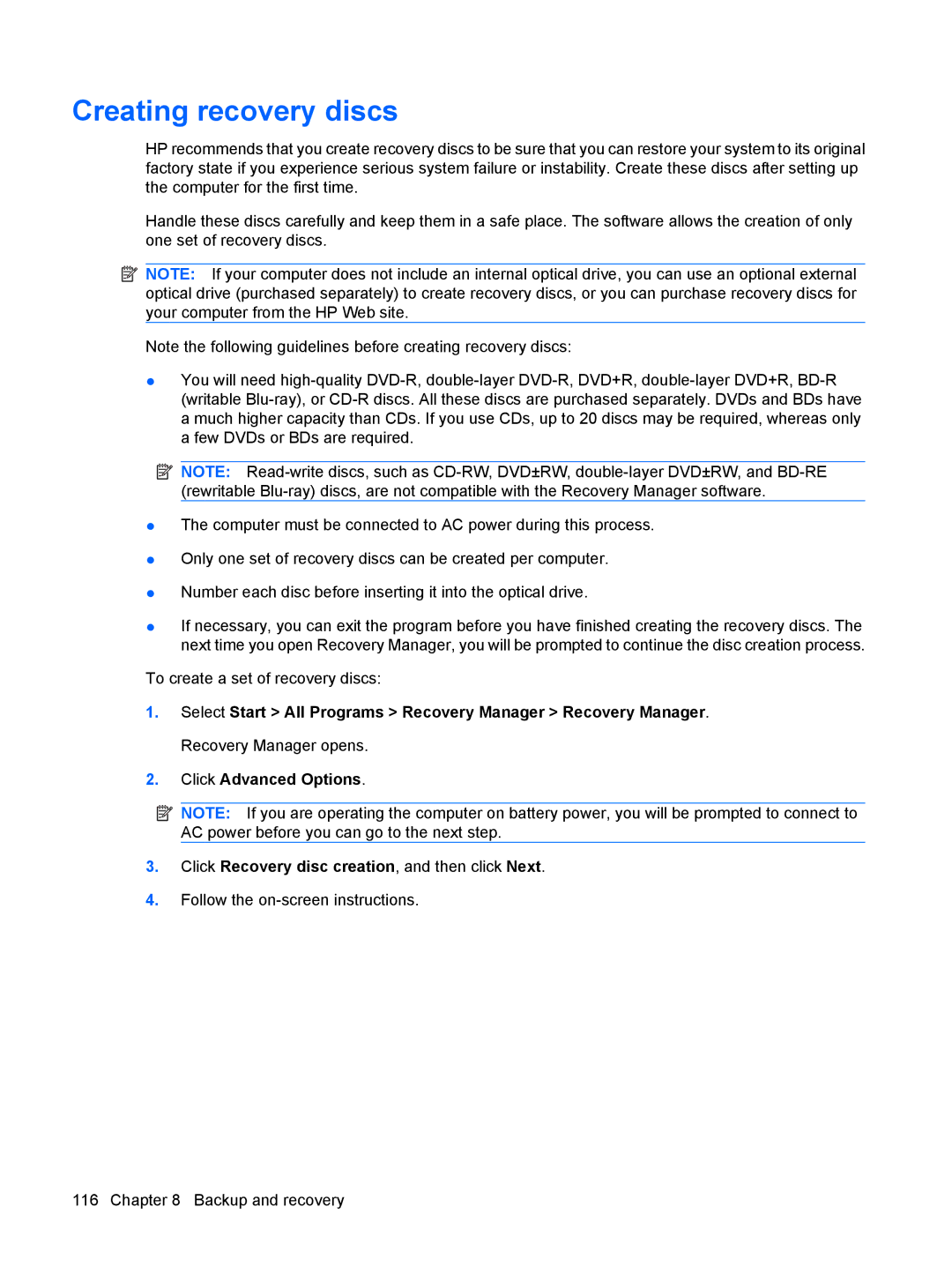 Compaq G71, CQ71 manual Creating recovery discs 