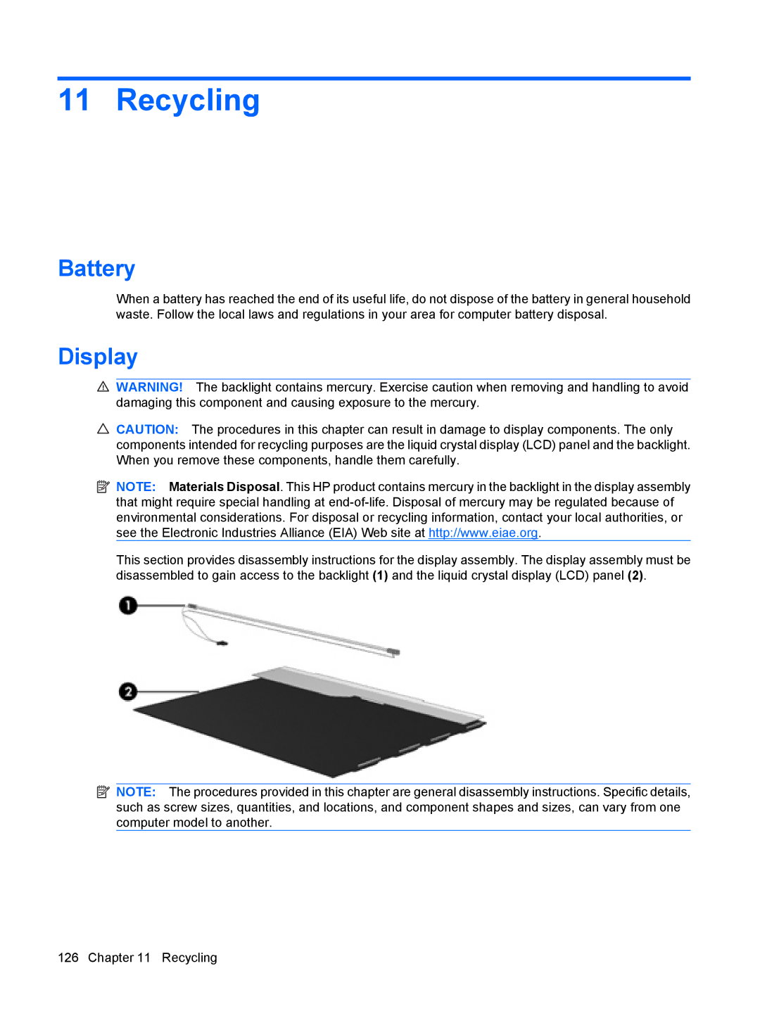 Compaq G71, CQ71 manual Recycling, Battery, Display 