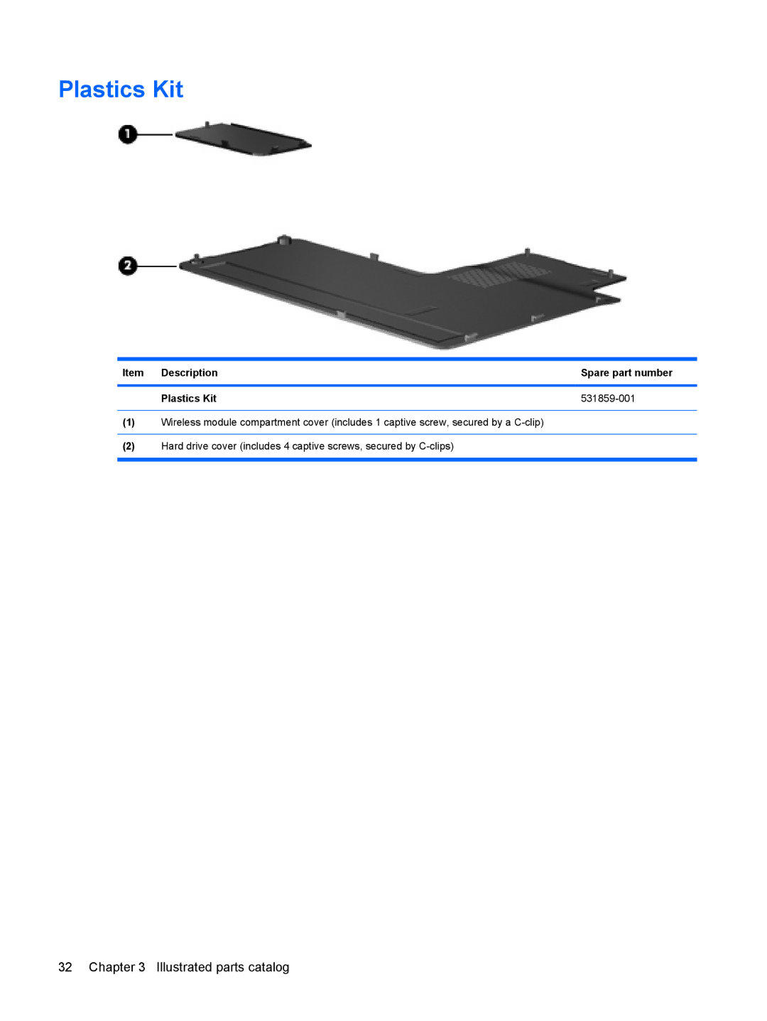 Compaq G71, CQ71 manual Item Description Spare part number Plastics Kit 531859-001 