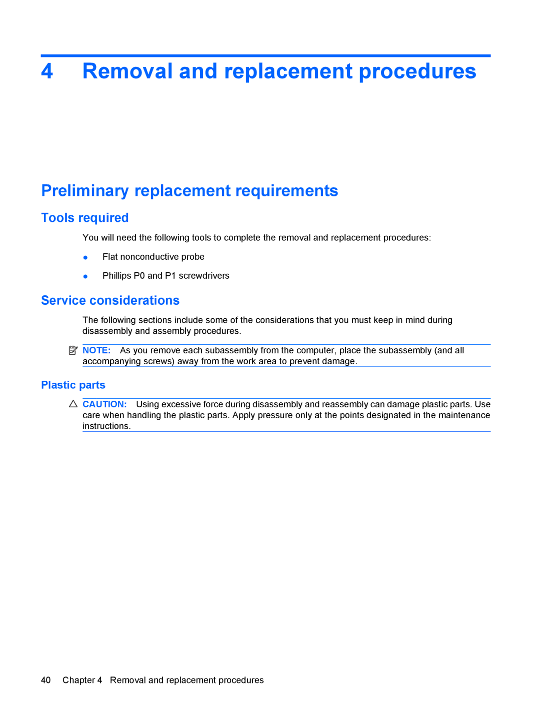 Compaq G71, CQ71 manual Removal and replacement procedures, Preliminary replacement requirements, Tools required 