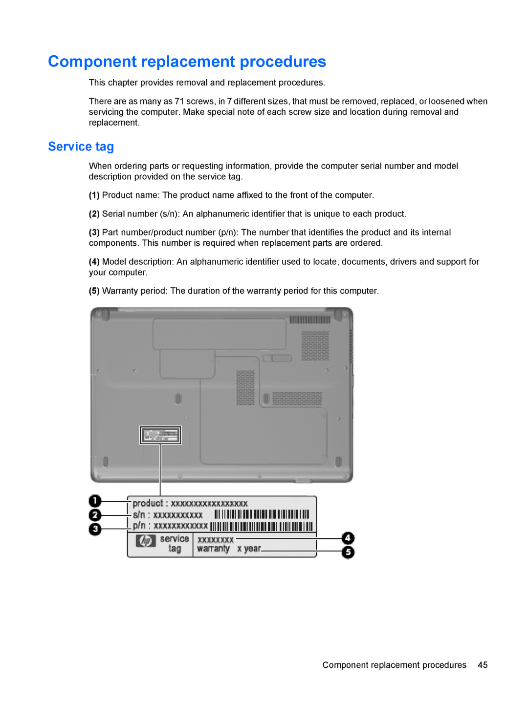 Compaq CQ71, G71 manual Component replacement procedures, Service tag 