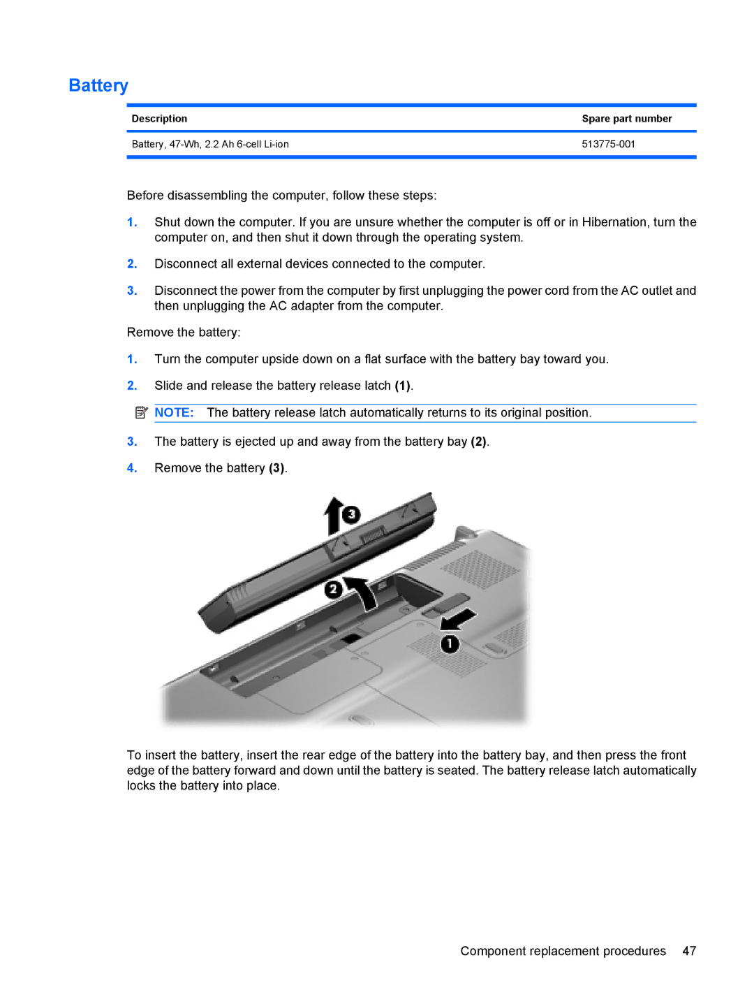 Compaq CQ71, G71 manual Battery, Description Spare part number 