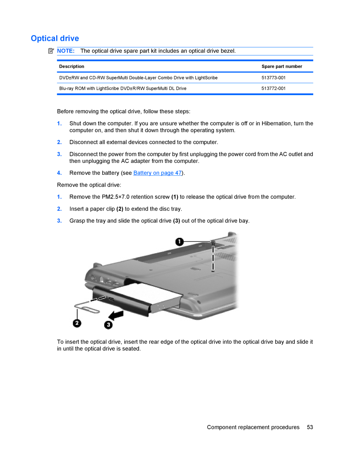 Compaq CQ71, G71 manual Optical drive, Description Spare part number 