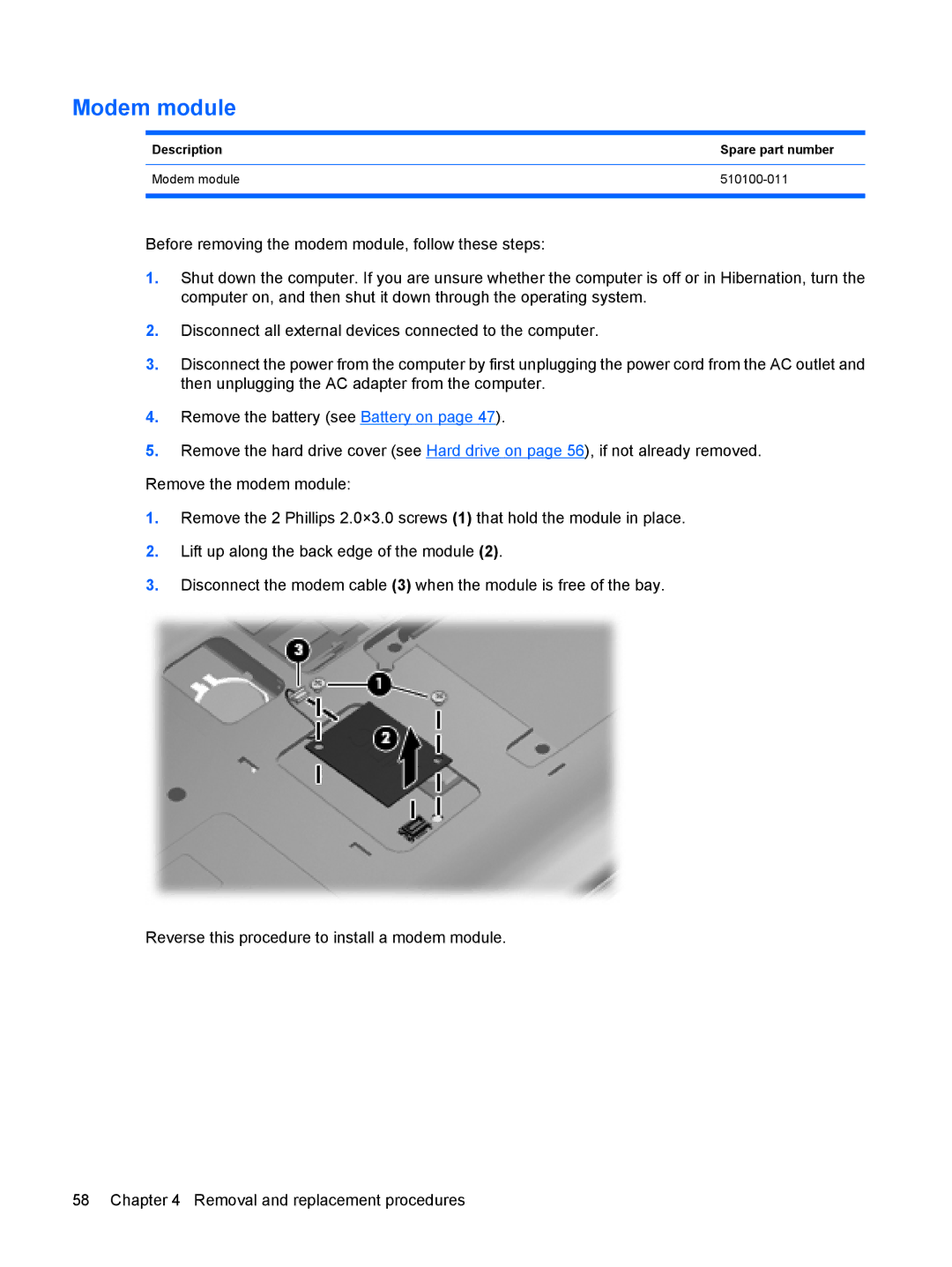 Compaq G71, CQ71 manual Description Spare part number Modem module 510100-011 