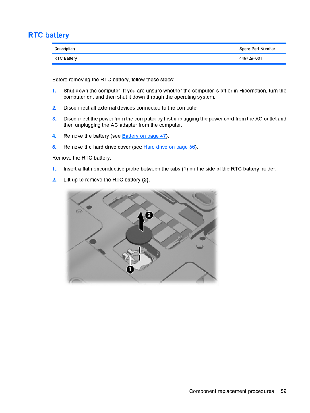 Compaq CQ71, G71 manual RTC battery 