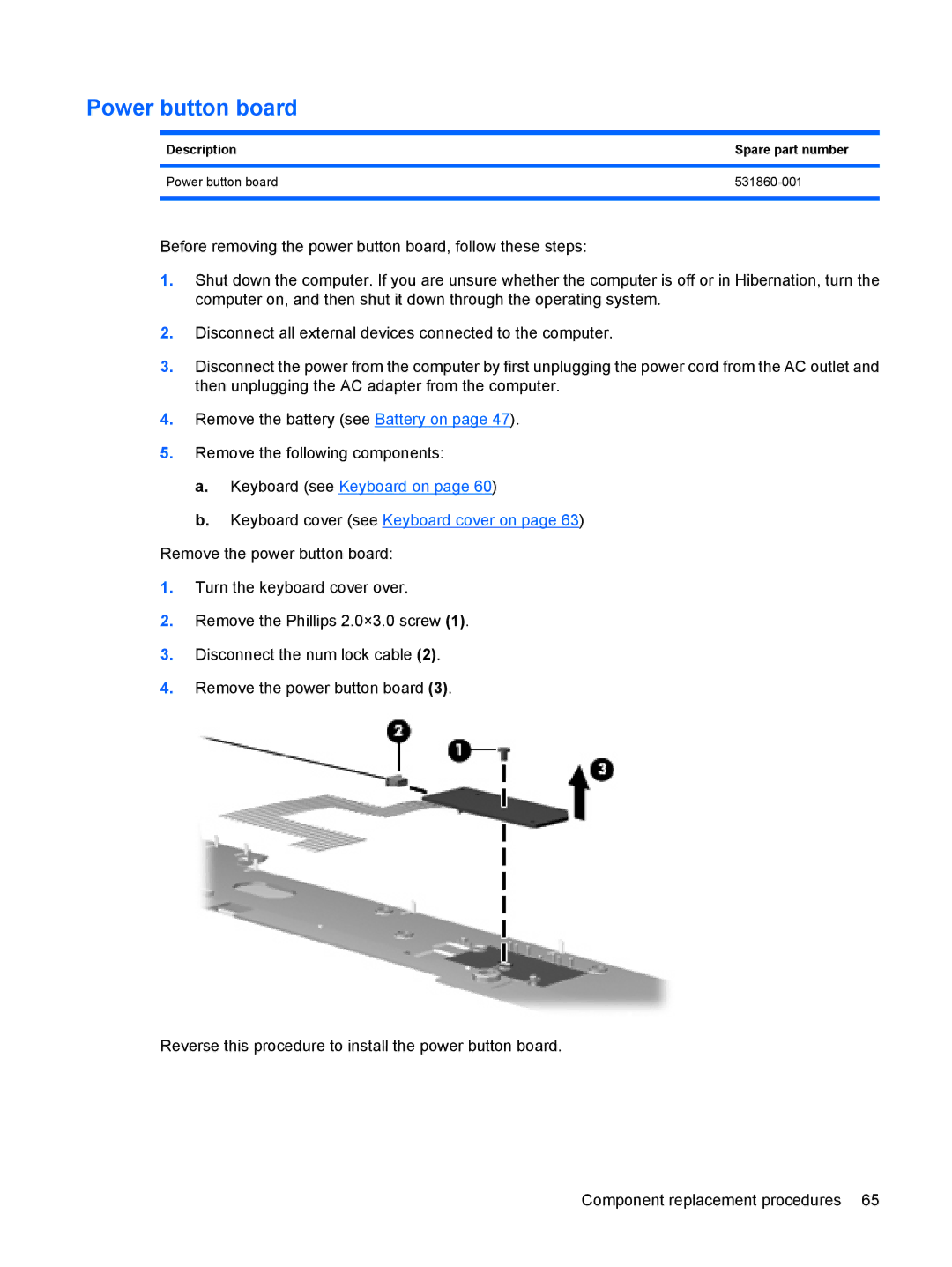 Compaq CQ71, G71 manual Description Spare part number Power button board 531860-001 
