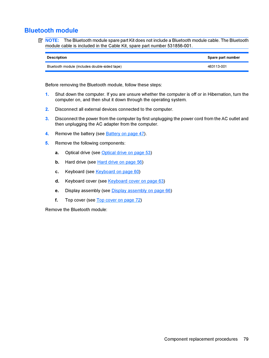 Compaq CQ71, G71 manual Bluetooth module, Description Spare part number 