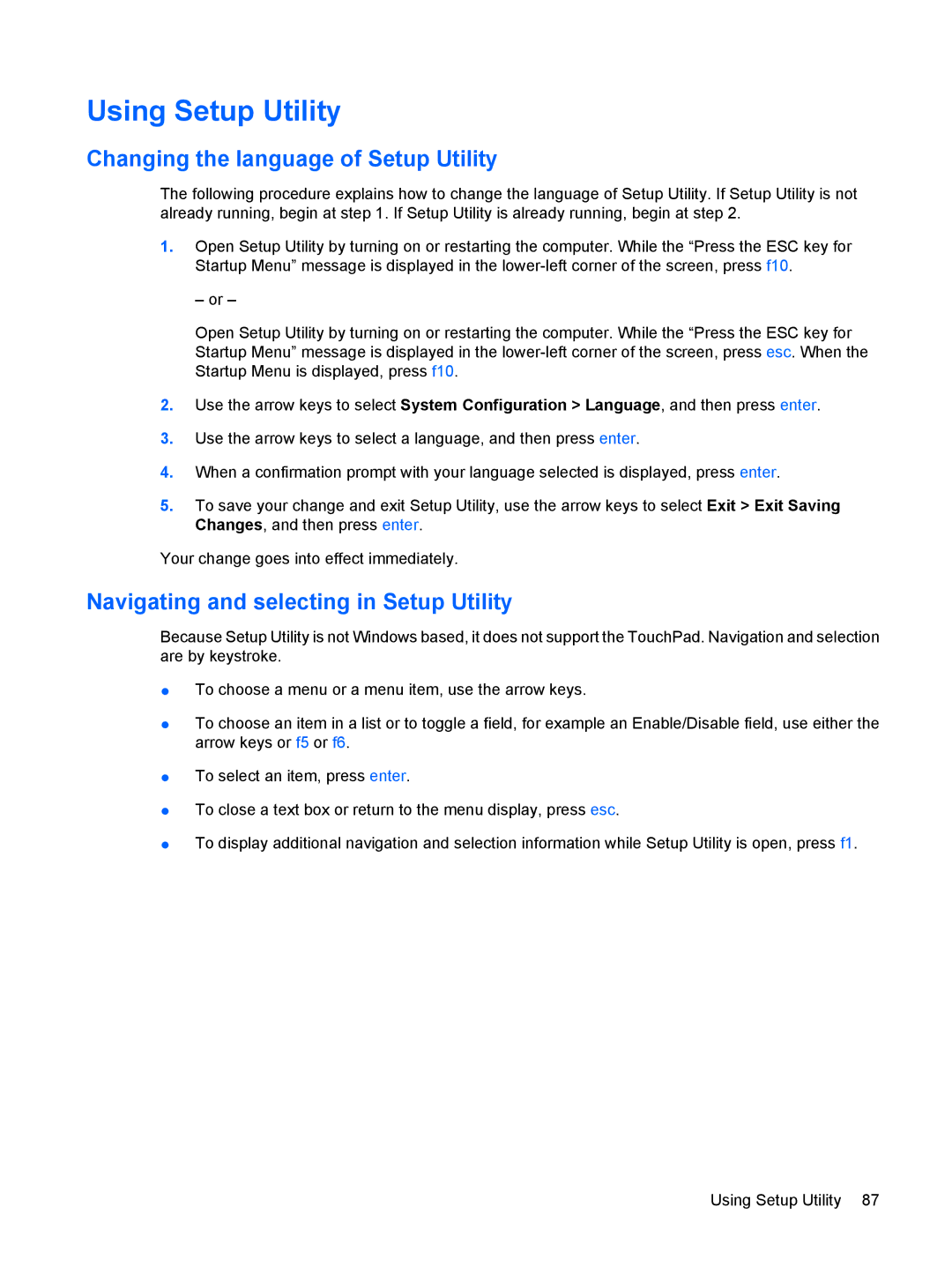 Compaq CQ71, G71 Using Setup Utility, Changing the language of Setup Utility, Navigating and selecting in Setup Utility 