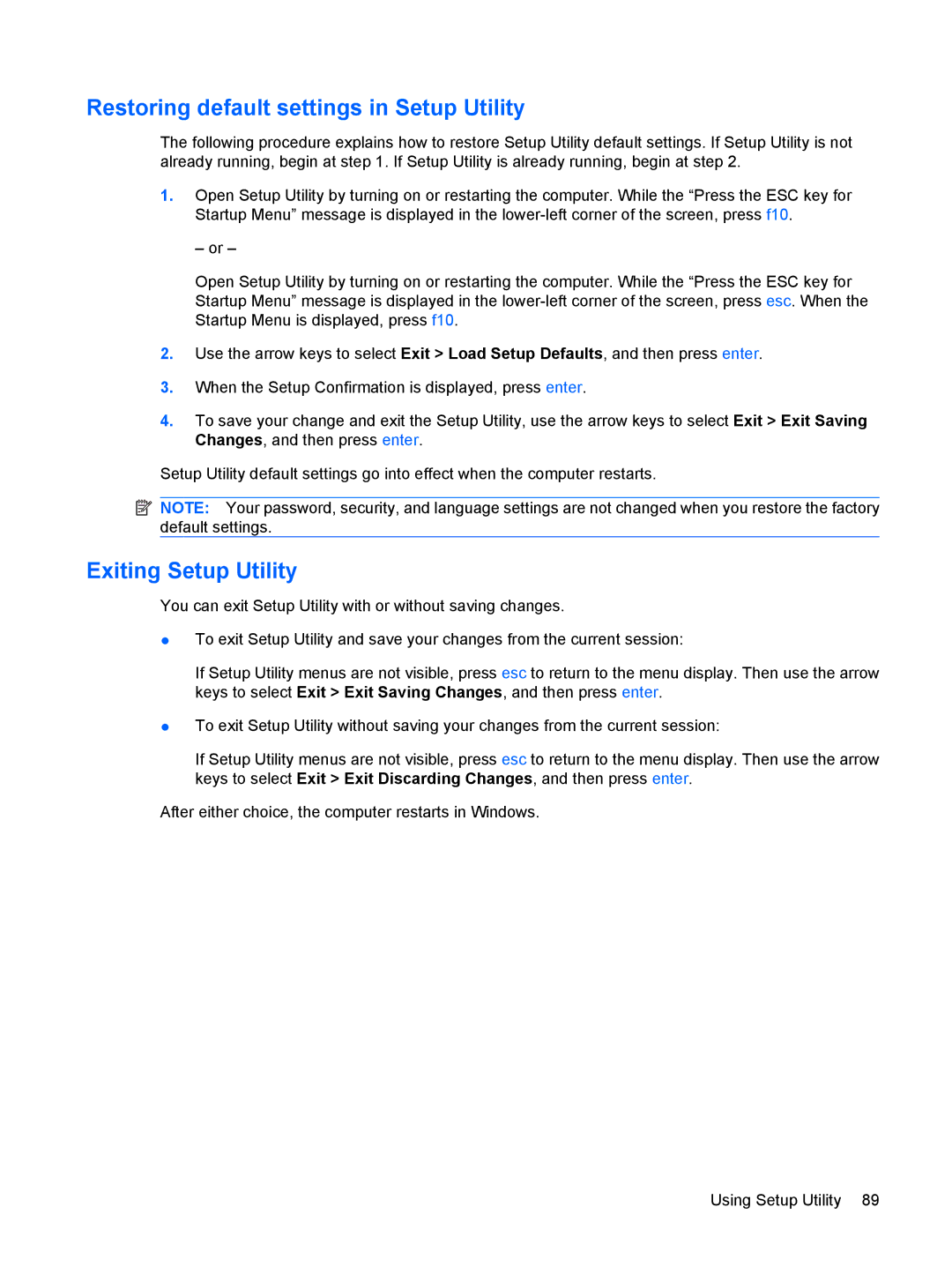 Compaq CQ71, G71 manual Restoring default settings in Setup Utility, Exiting Setup Utility 