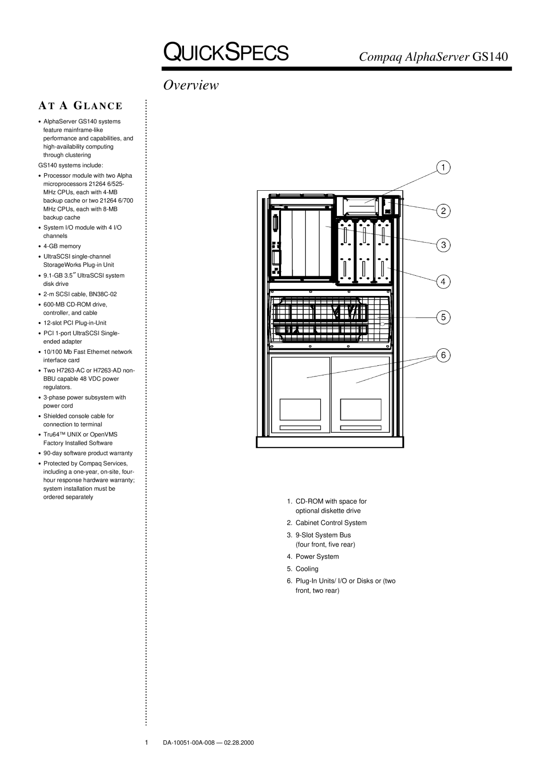 Compaq GS140 warranty CD-ROM with space for, Optional diskette drive, Cabinet Control System 