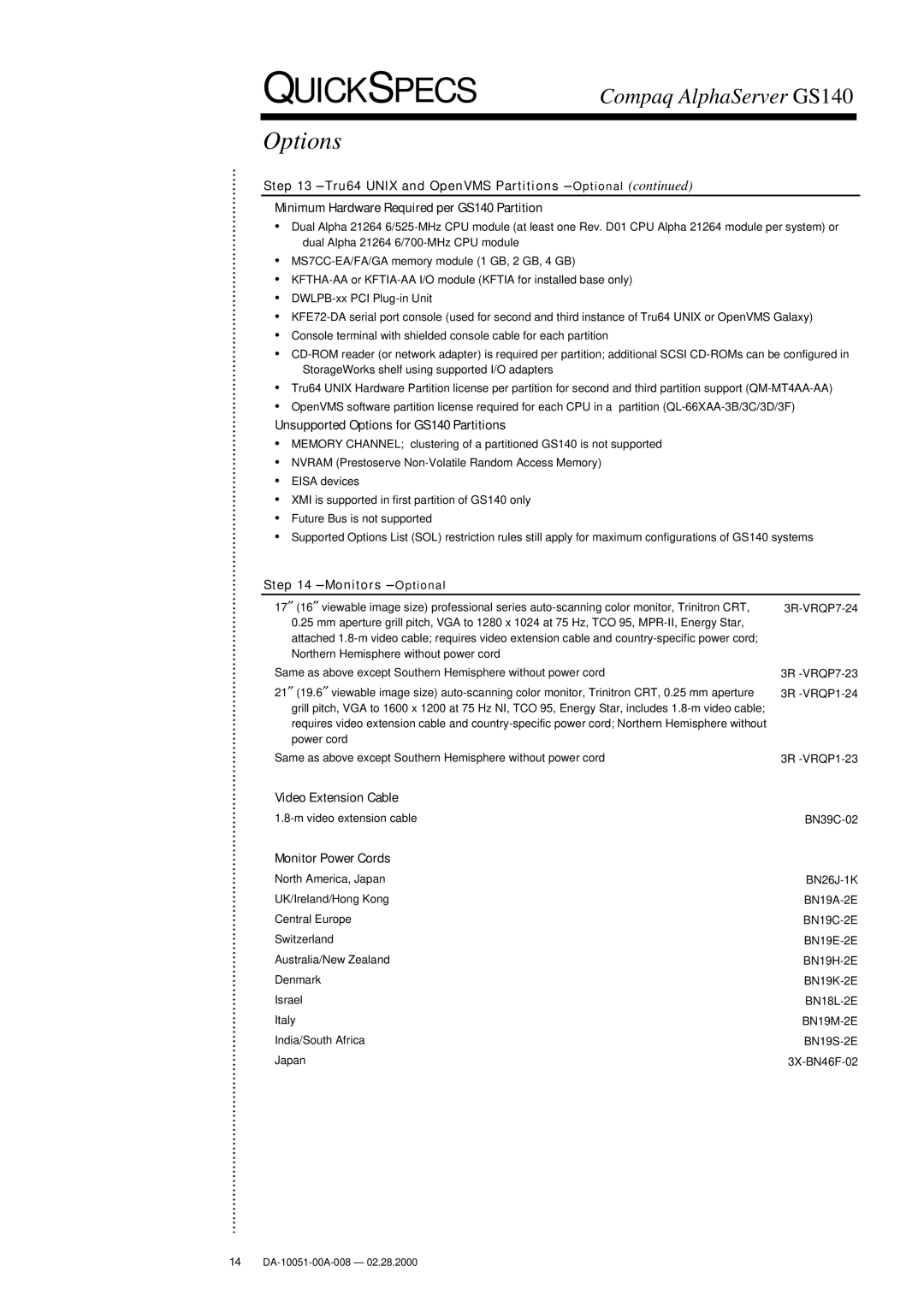 Compaq Unsupported Options for GS140 Partitions, Monitors − Optional, Video Extension Cable, Monitor Power Cords 