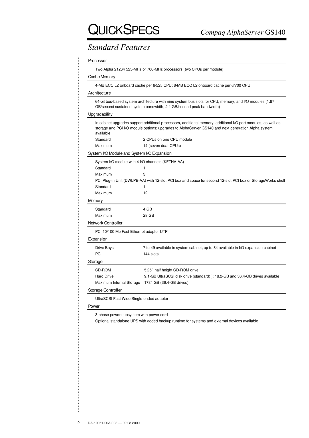 Compaq GS140 warranty Standard Features 