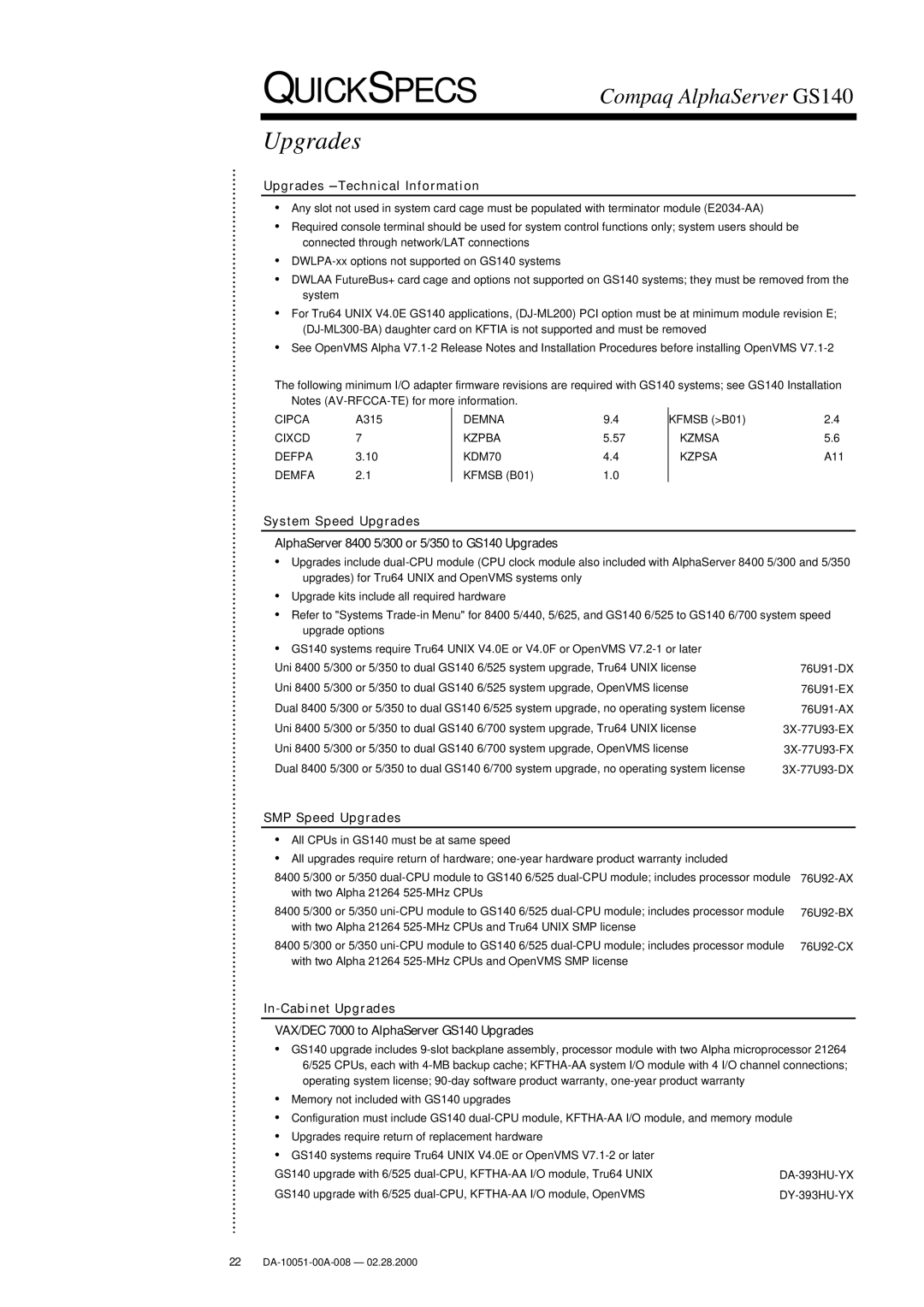 Compaq GS140 warranty Upgrades − Technical Information, SMP Speed Upgrades 