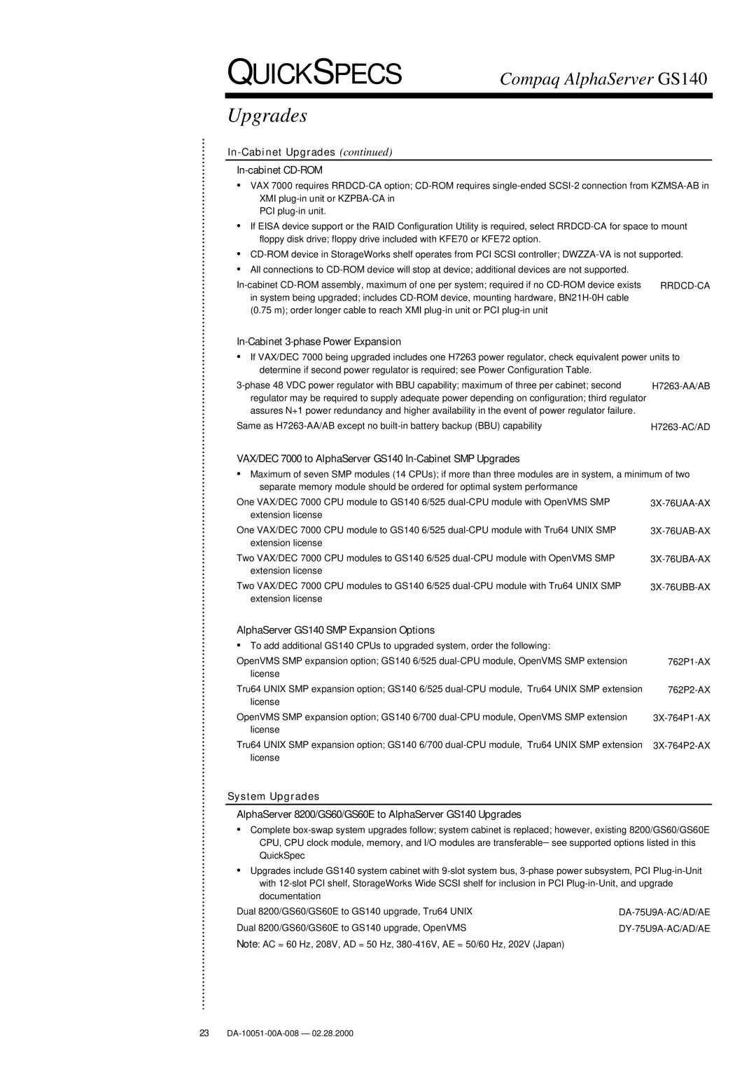 Compaq GS140 warranty In-Cabinet Upgrades In-cabinet CD-ROM, In-Cabinet 3-phase Power Expansion, 3X-76UBB-AX 