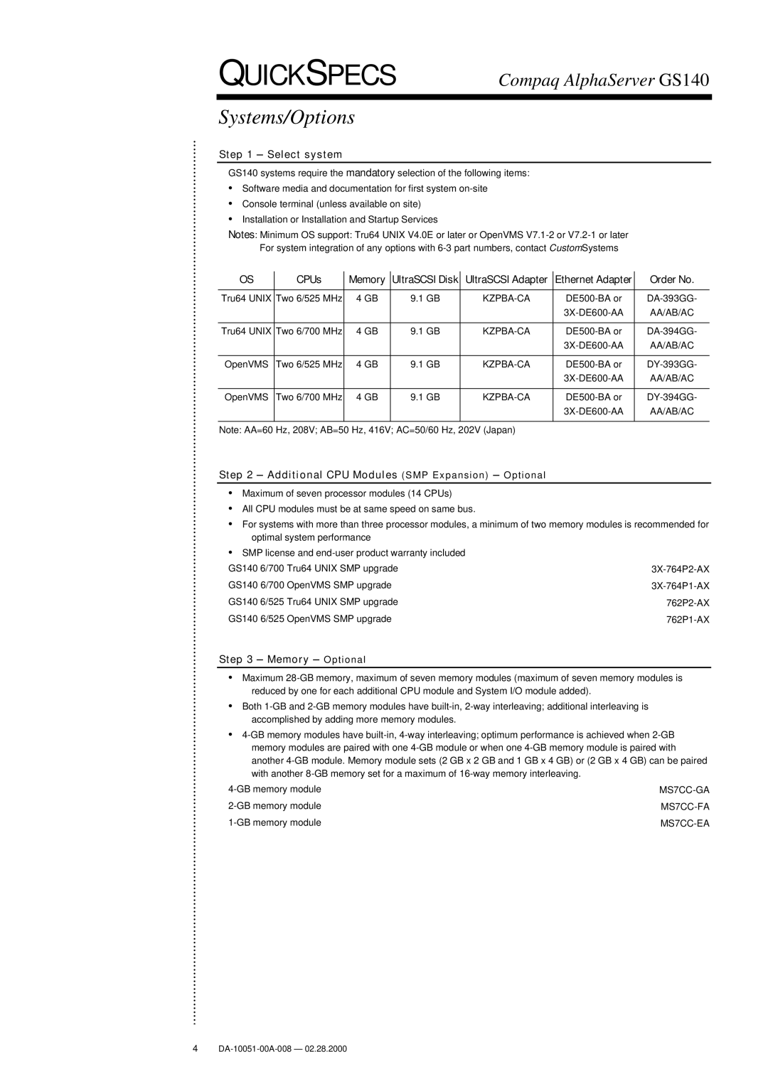 Compaq GS140 warranty Systems/Options, Select system, Additional CPU Modules SMP Expansion − Optional, Memory − Optional 