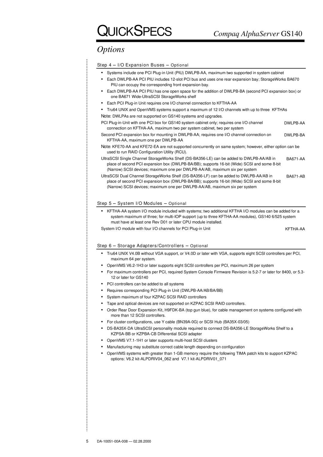 Compaq GS140 warranty Options, I/O Expansion Buses − Optional, System I/O Modules − Optional 