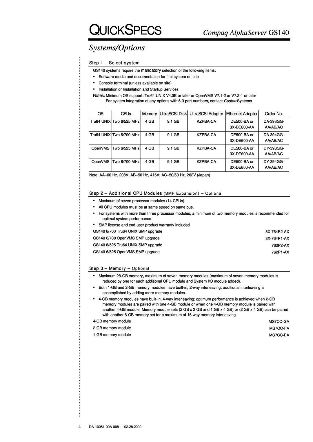 Compaq GS140 Systems/Options, Select system, CPUs, UltraSCSI Disk, UltraSCSI Adapter, Ethernet Adapter, Order No, Memory 