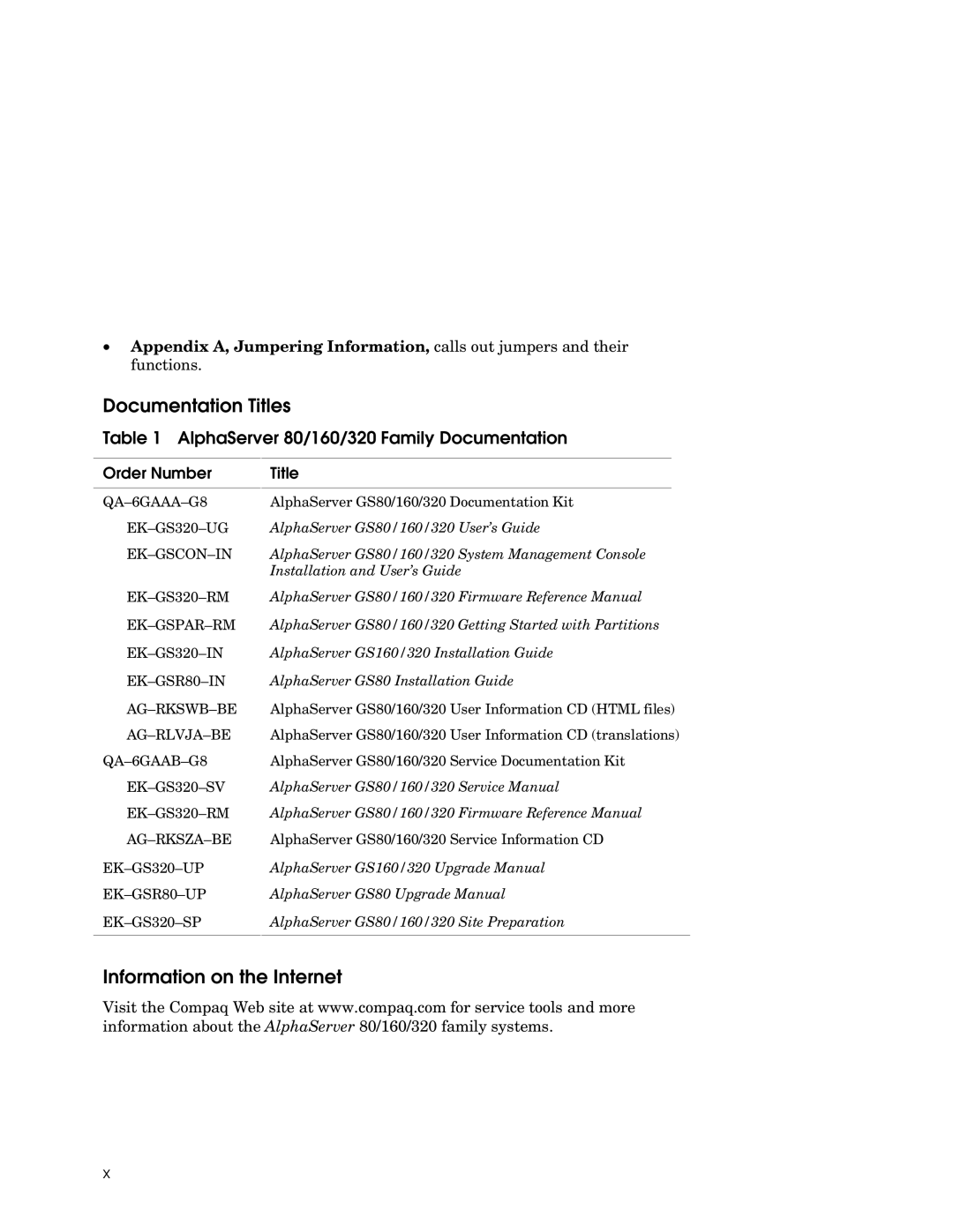 Compaq GS80, GS160, GS320 Documentation Titles, Information on the Internet, AlphaServer 80/160/320 Family Documentation 