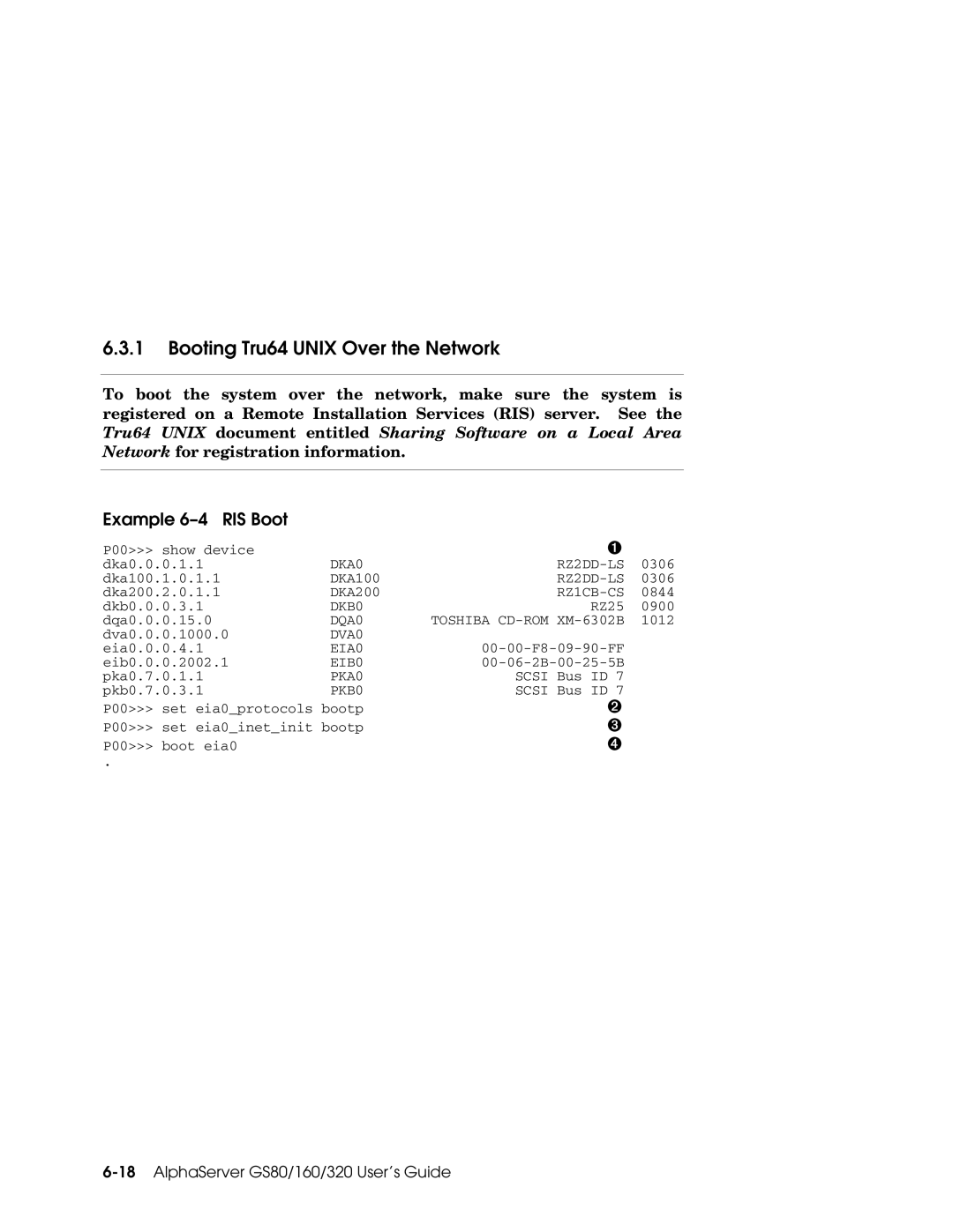 Compaq GS80, GS160, GS320 manual Booting Tru64 Unix Over the Network, Example 6-4 RIS Boot 