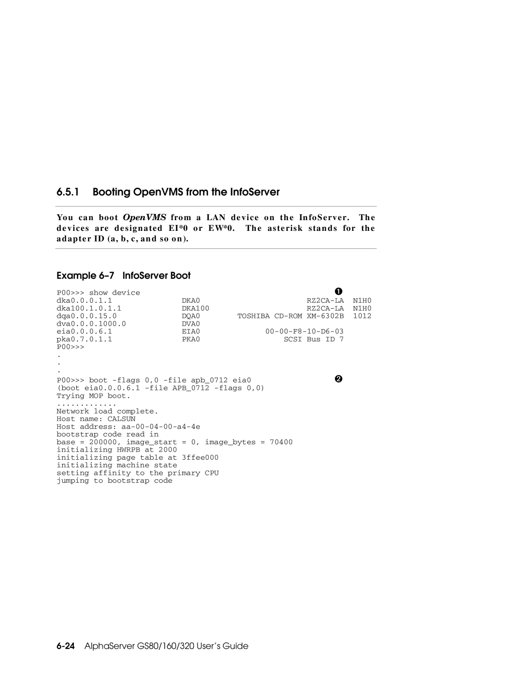 Compaq GS80, GS160, GS320 manual Booting OpenVMS from the InfoServer, Example 6-7 InfoServer Boot 