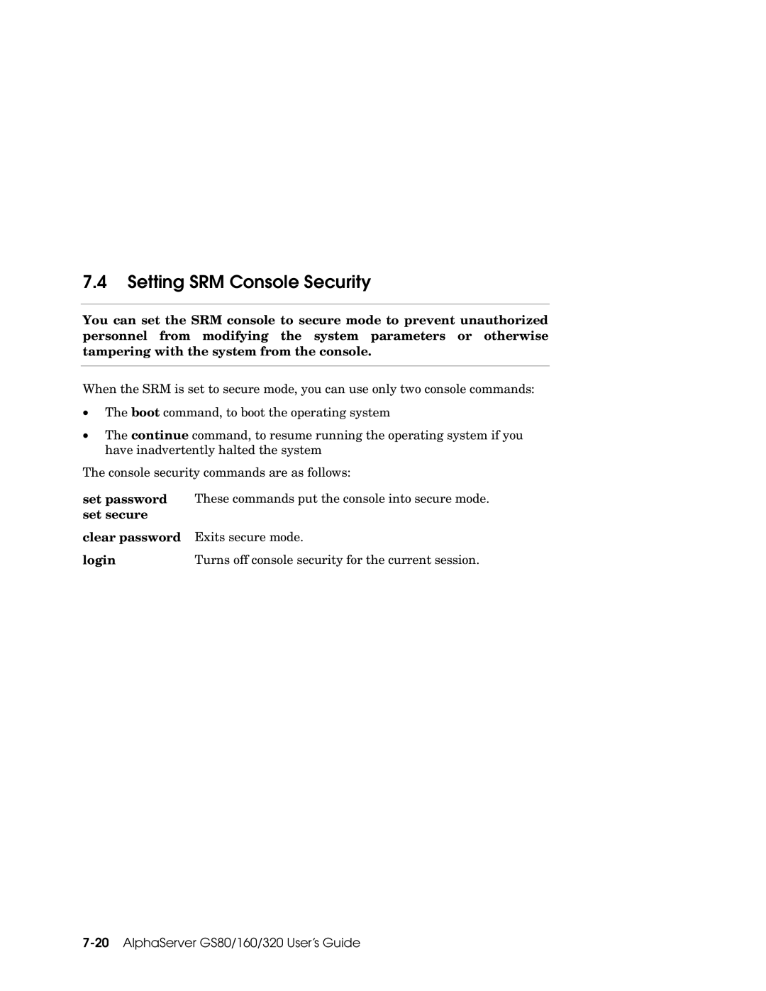 Compaq GS80, GS160, GS320 manual Setting SRM Console Security 