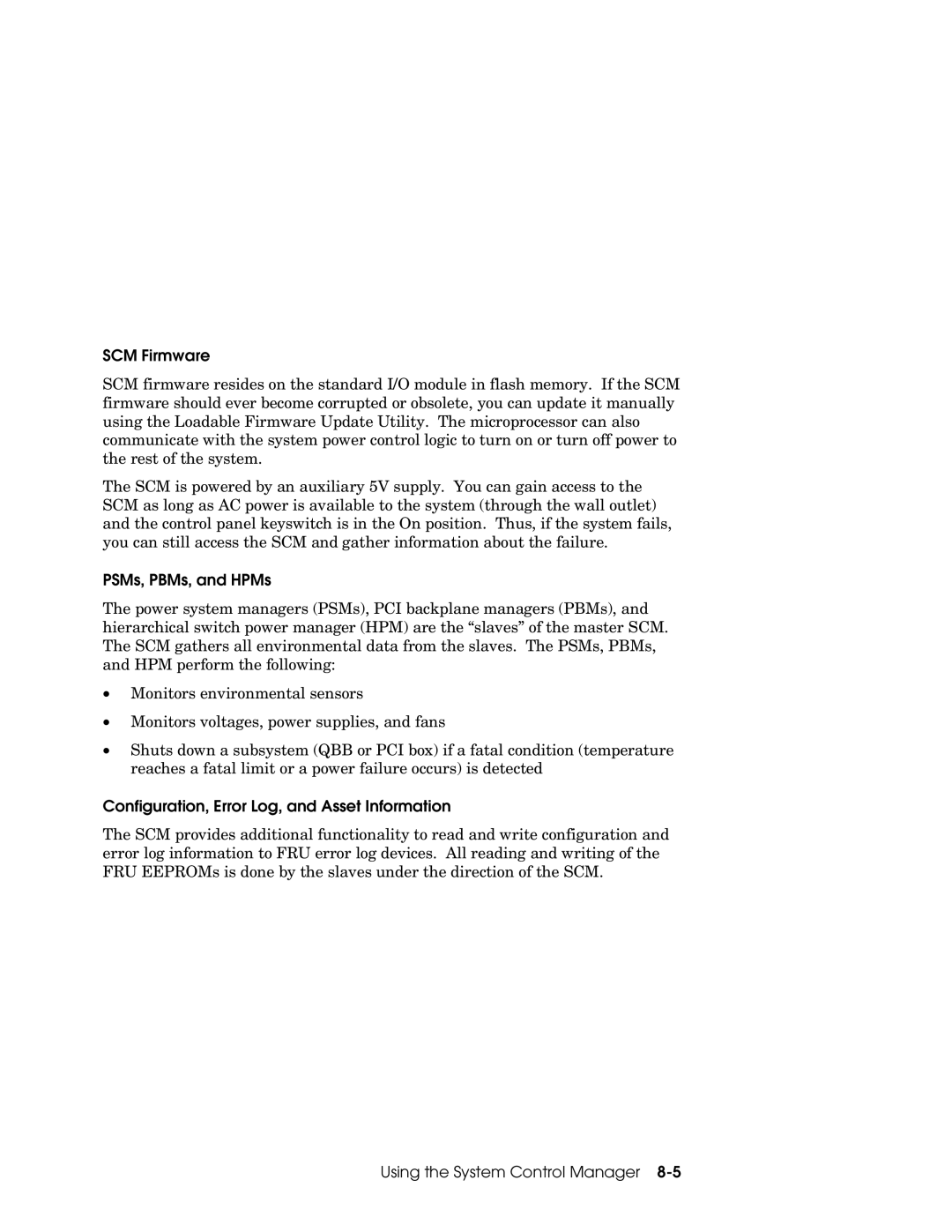 Compaq GS320, GS160, GS80 manual SCM Firmware, PSMs, PBMs, and HPMs, Configuration, Error Log, and Asset Information 