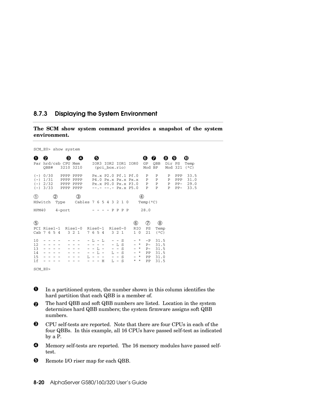 Compaq GS320, GS160, GS80 manual Displaying the System Environment, ➊ ➋ ➏ ➐ ➑ ➒ 