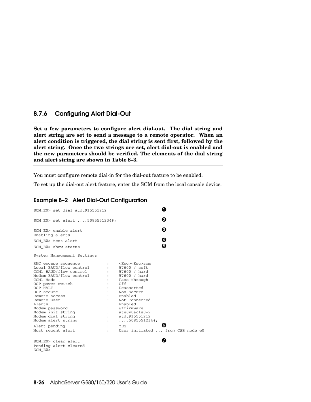 Compaq GS320, GS160, GS80 manual Configuring Alert Dial-Out, Example 8-2 Alert Dial-Out Configuration 